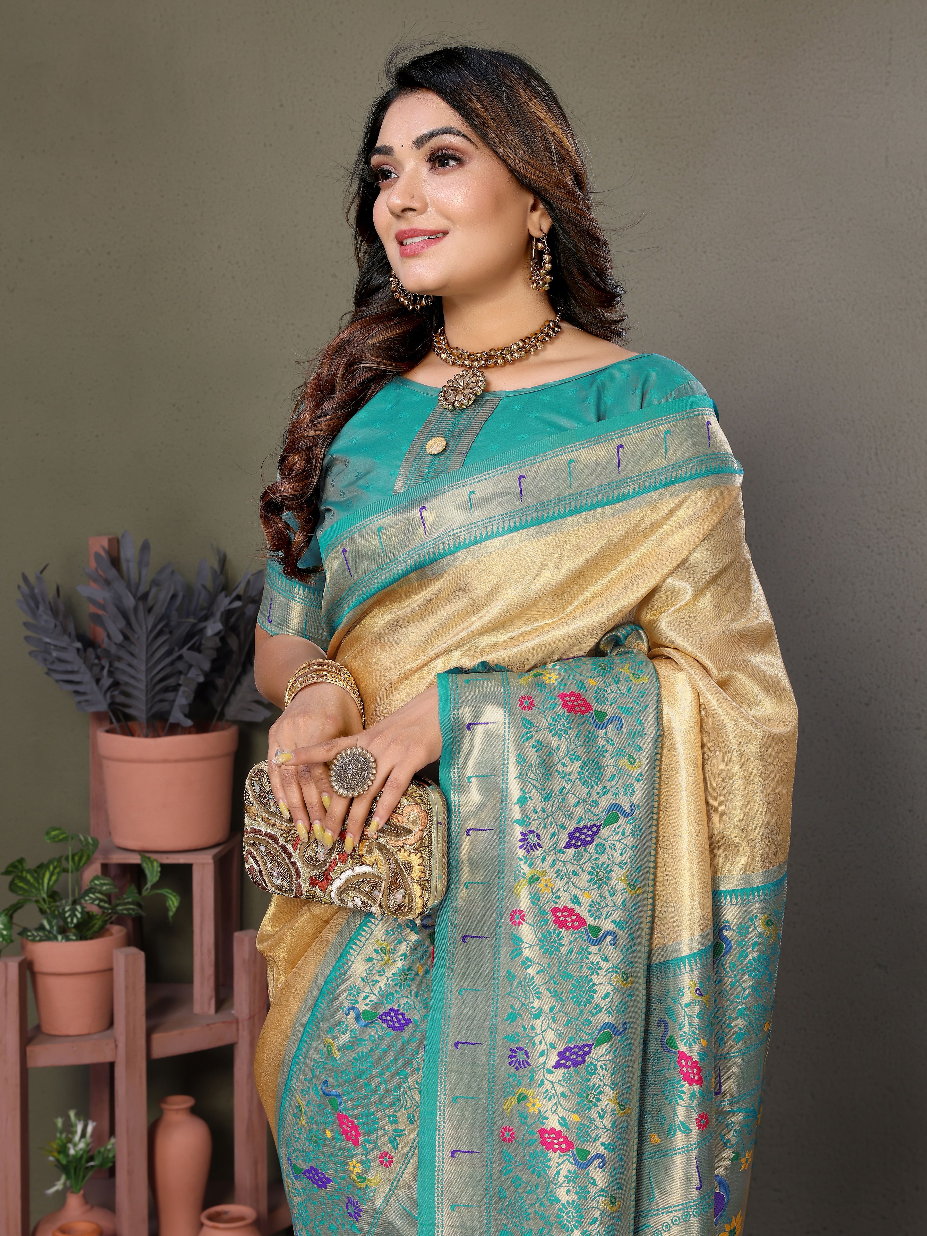 Elegant Brown-Beige Silk Saree with Traditional Paithani Work & Blue Blouse