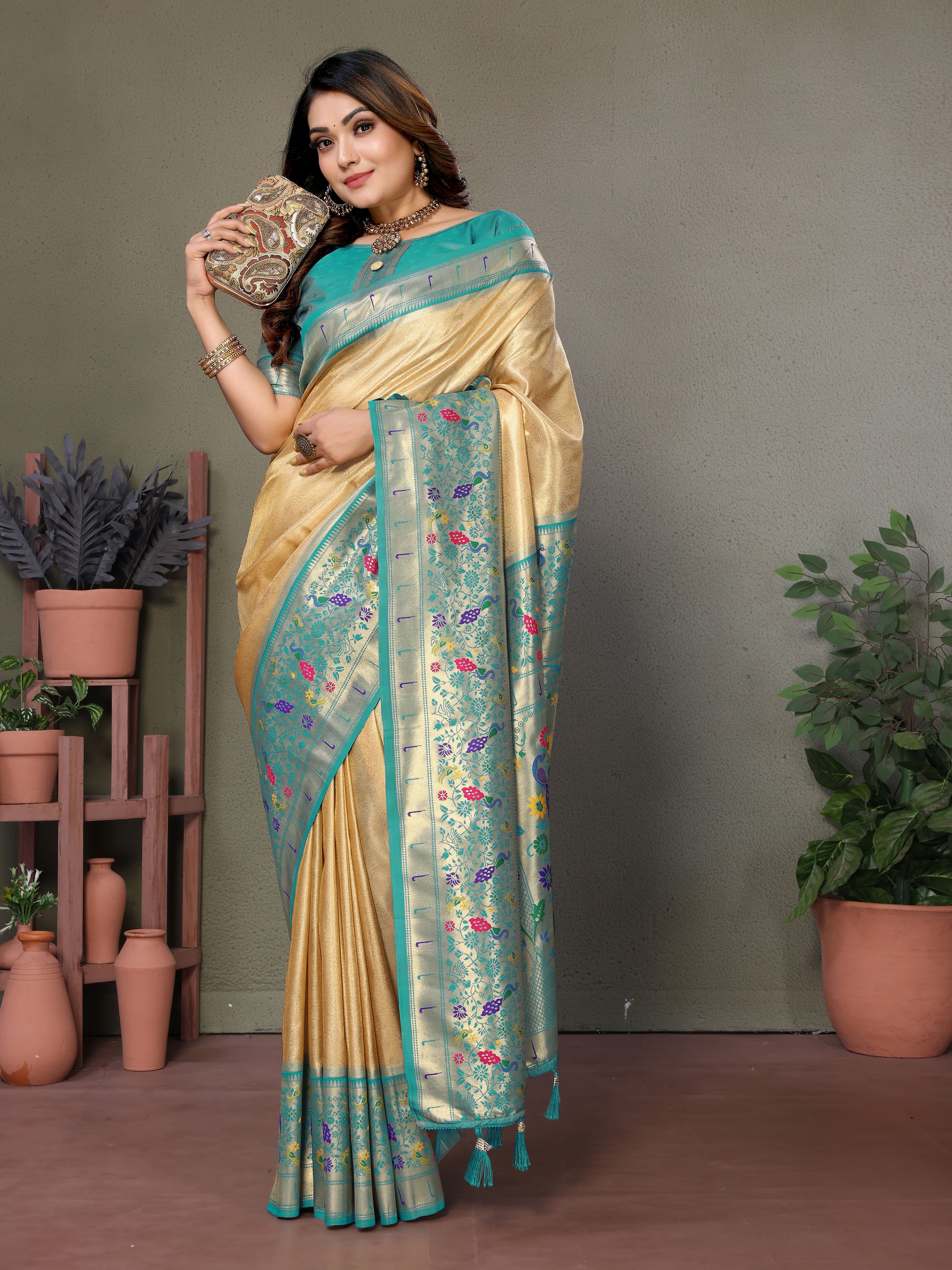 Elegant Brown-Beige Silk Saree with Traditional Paithani Work & Blue Blouse