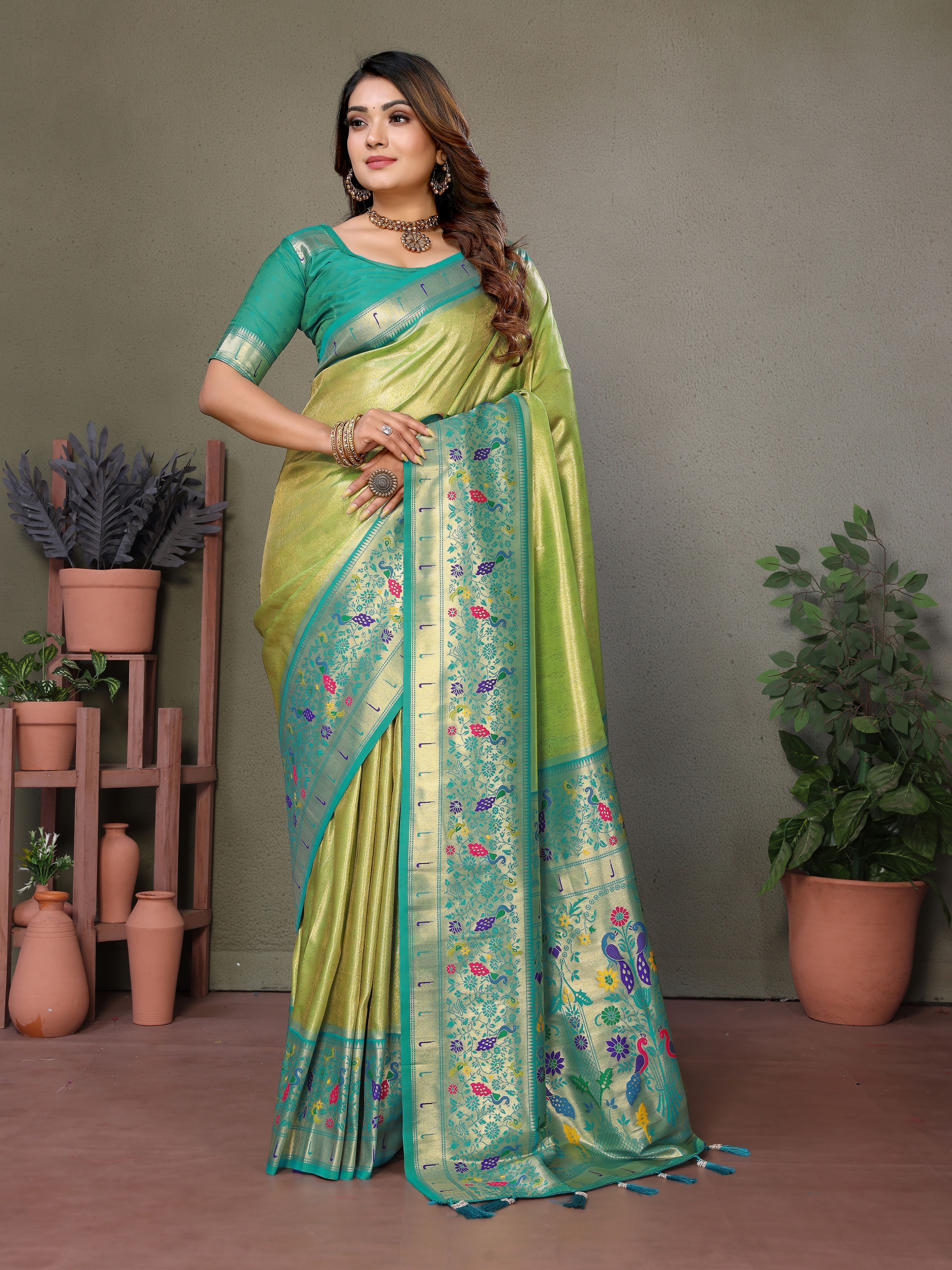 Regal Olive Green Silk Saree with Intricate Paithani Work & Sea Green Blouse