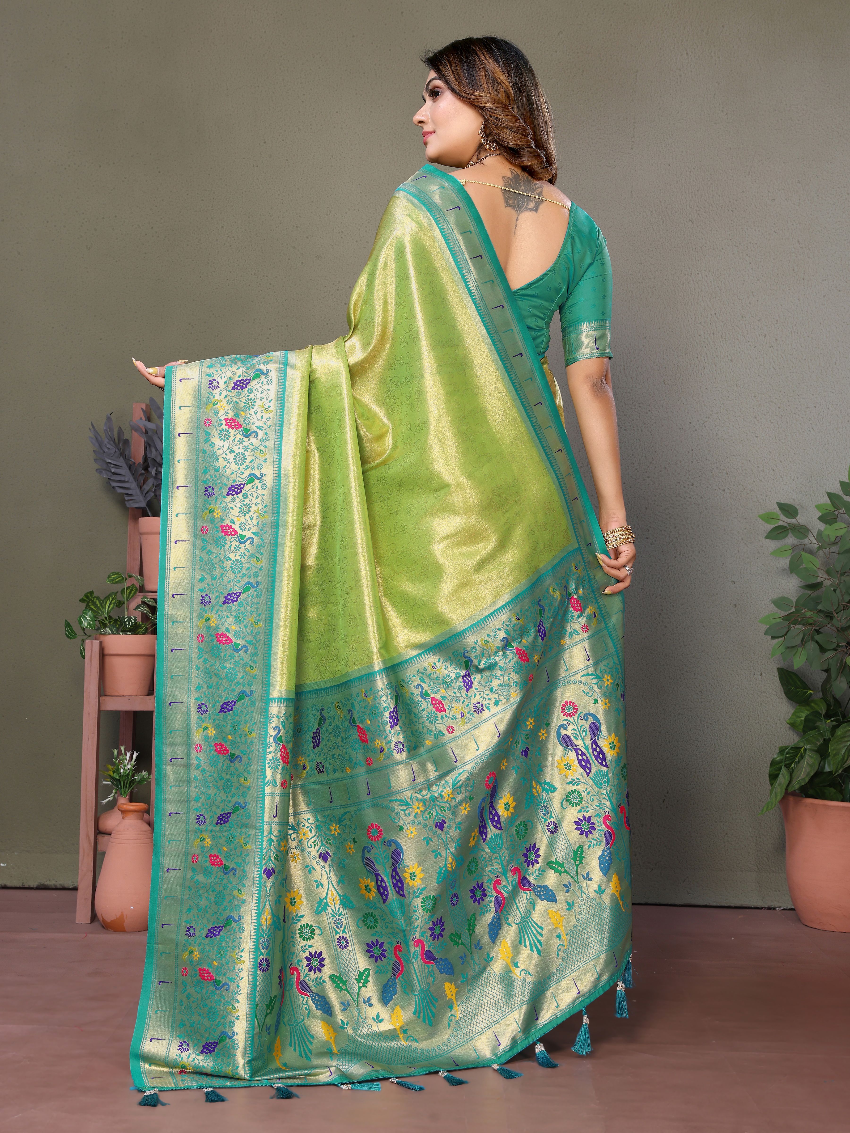 Regal Olive Green Silk Saree with Intricate Paithani Work & Sea Green Blouse