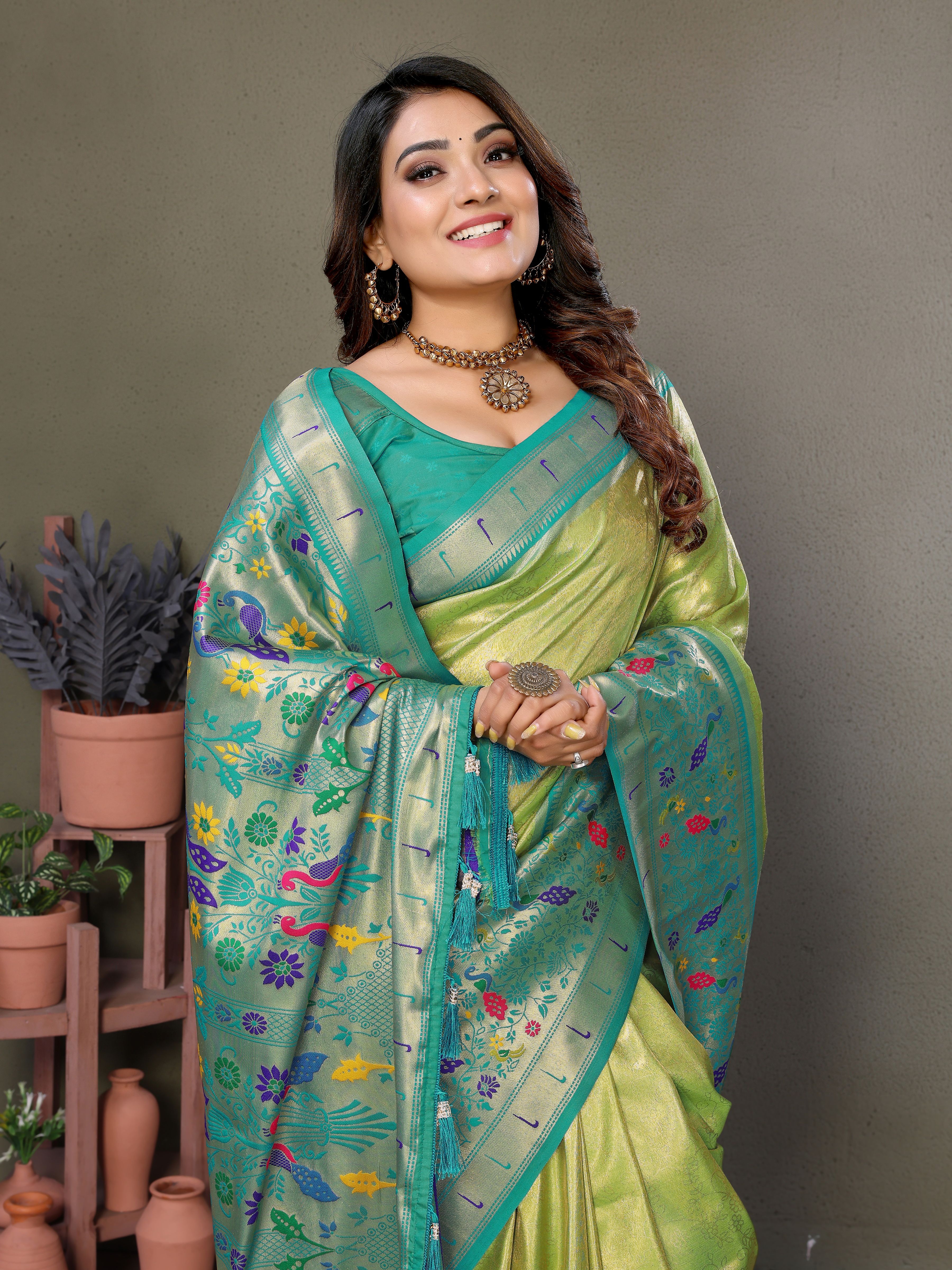 Regal Olive Green Silk Saree with Intricate Paithani Work & Sea Green Blouse