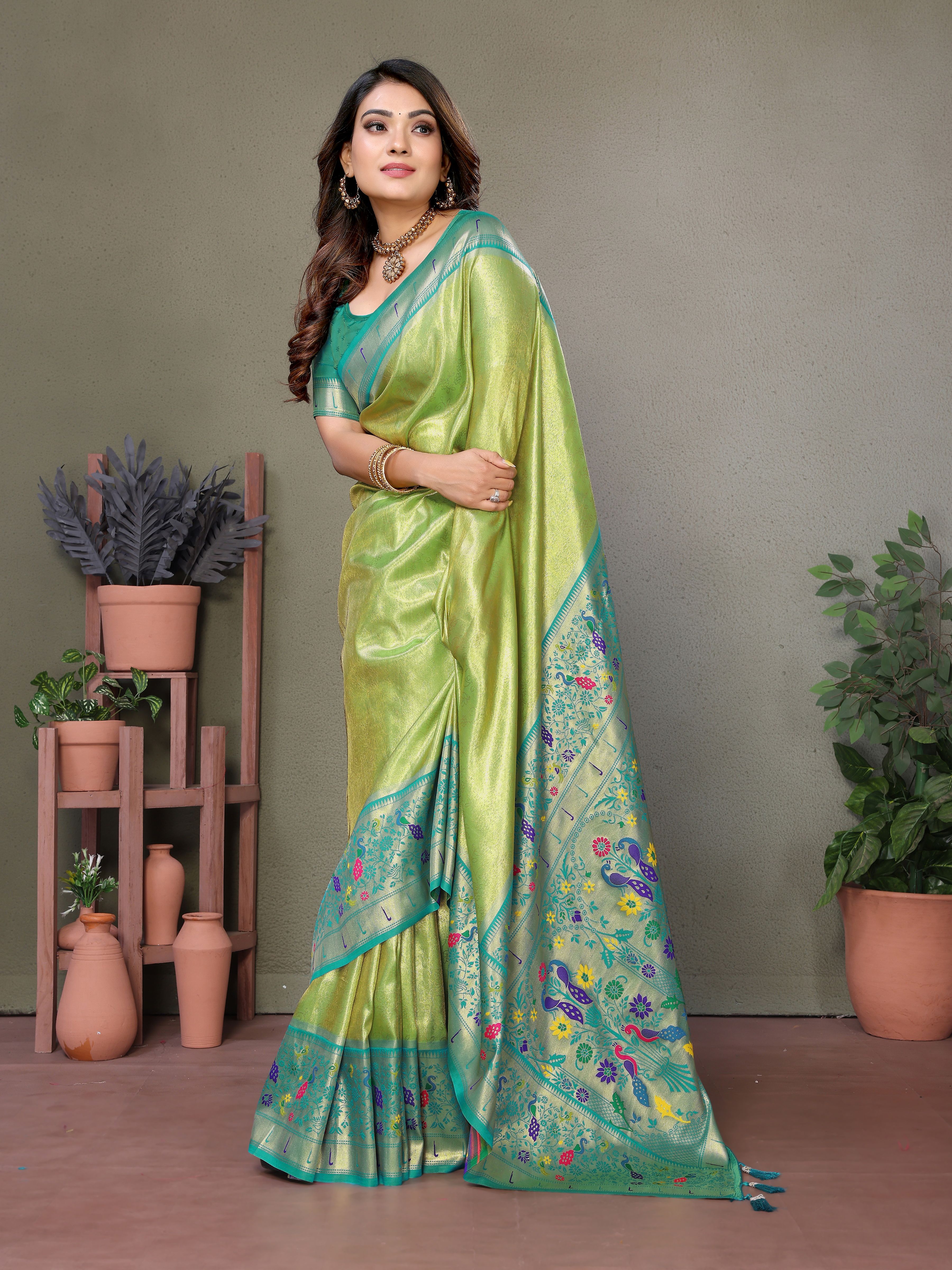 Regal Olive Green Silk Saree with Intricate Paithani Work & Sea Green Blouse