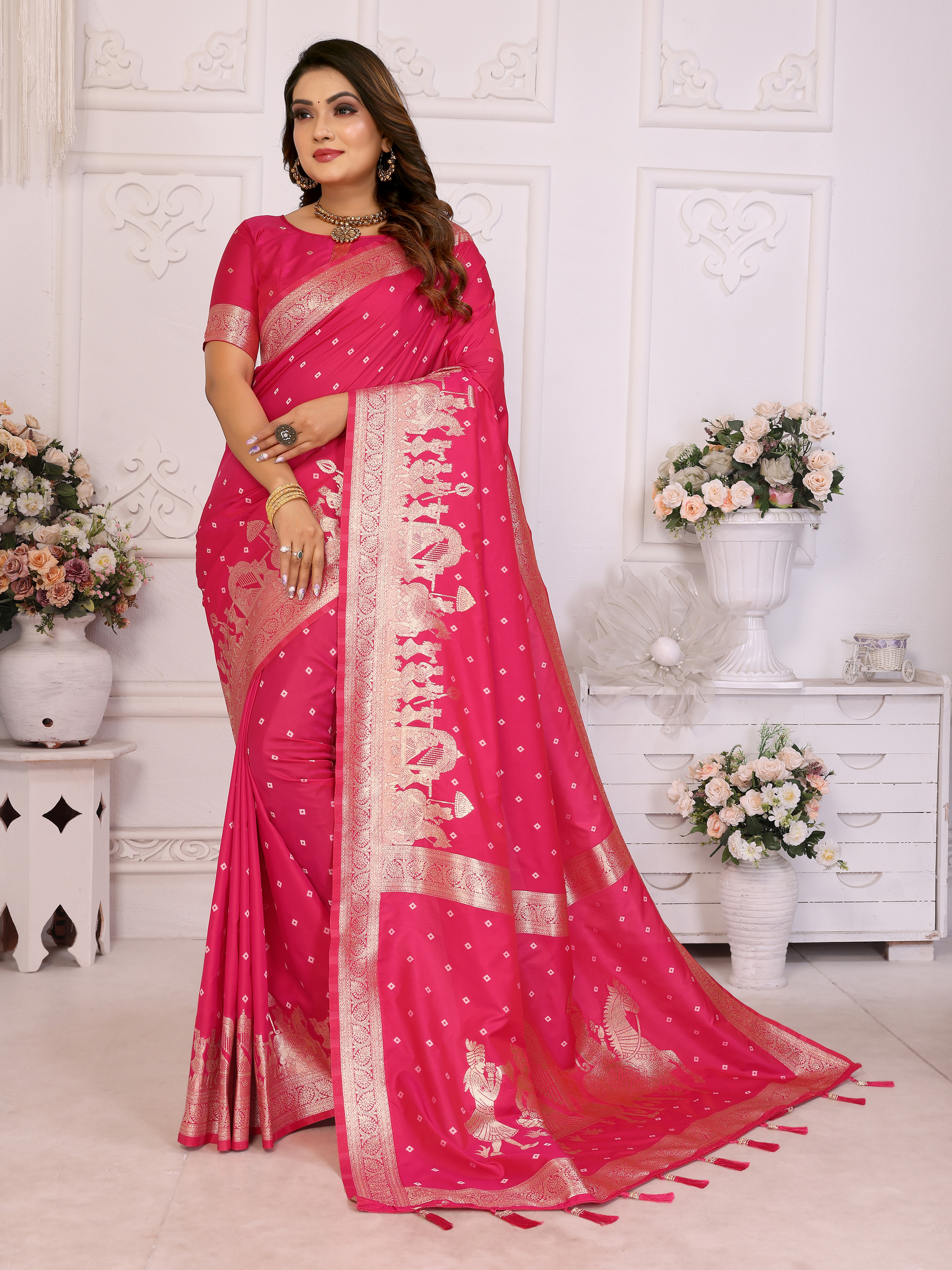 Graceful Pink Kochi Silk Saree with Exquisite Barat Woven Work
