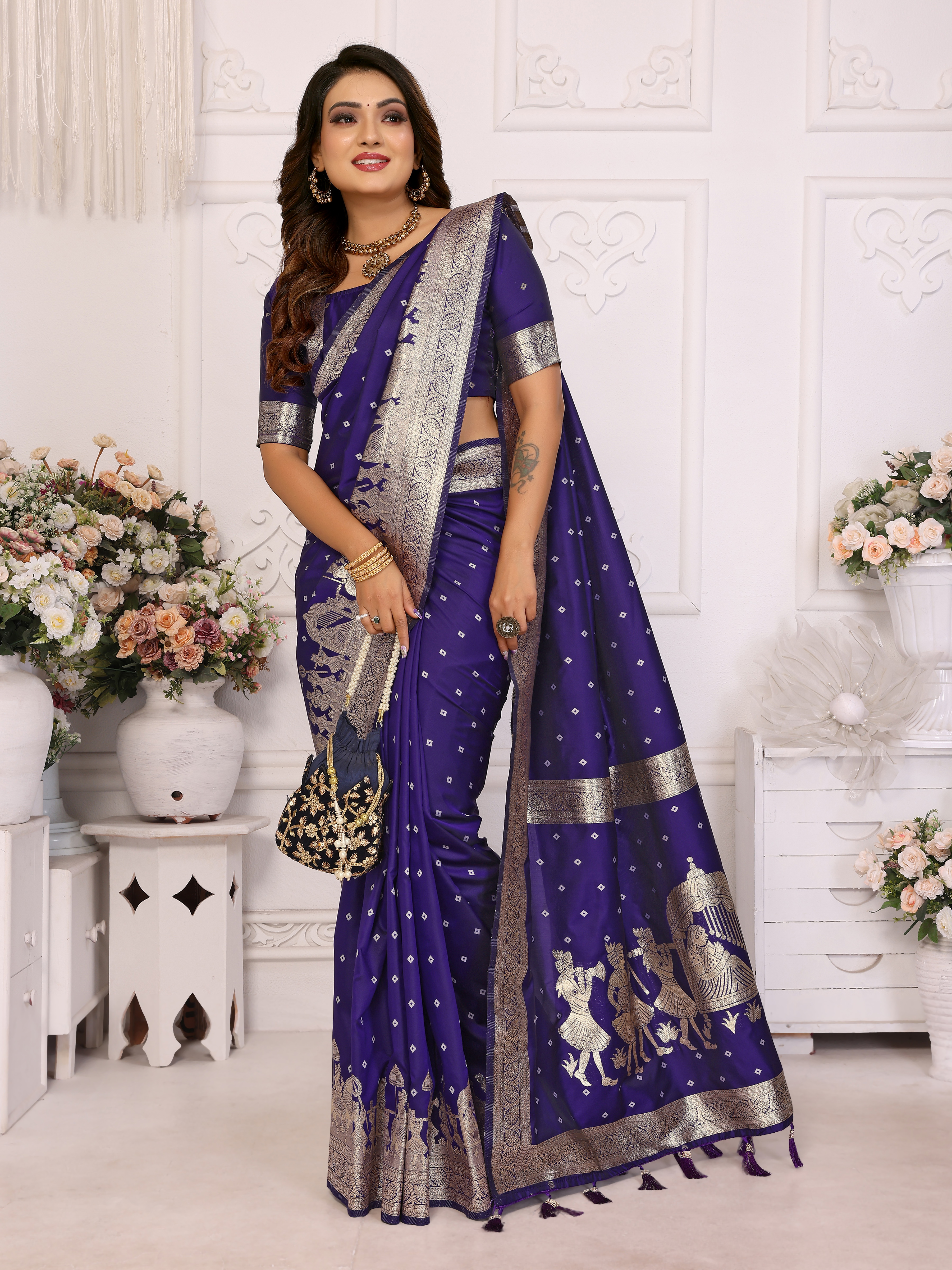 Regal Violet Kochi Silk Saree with Intricate Barat Woven Work 