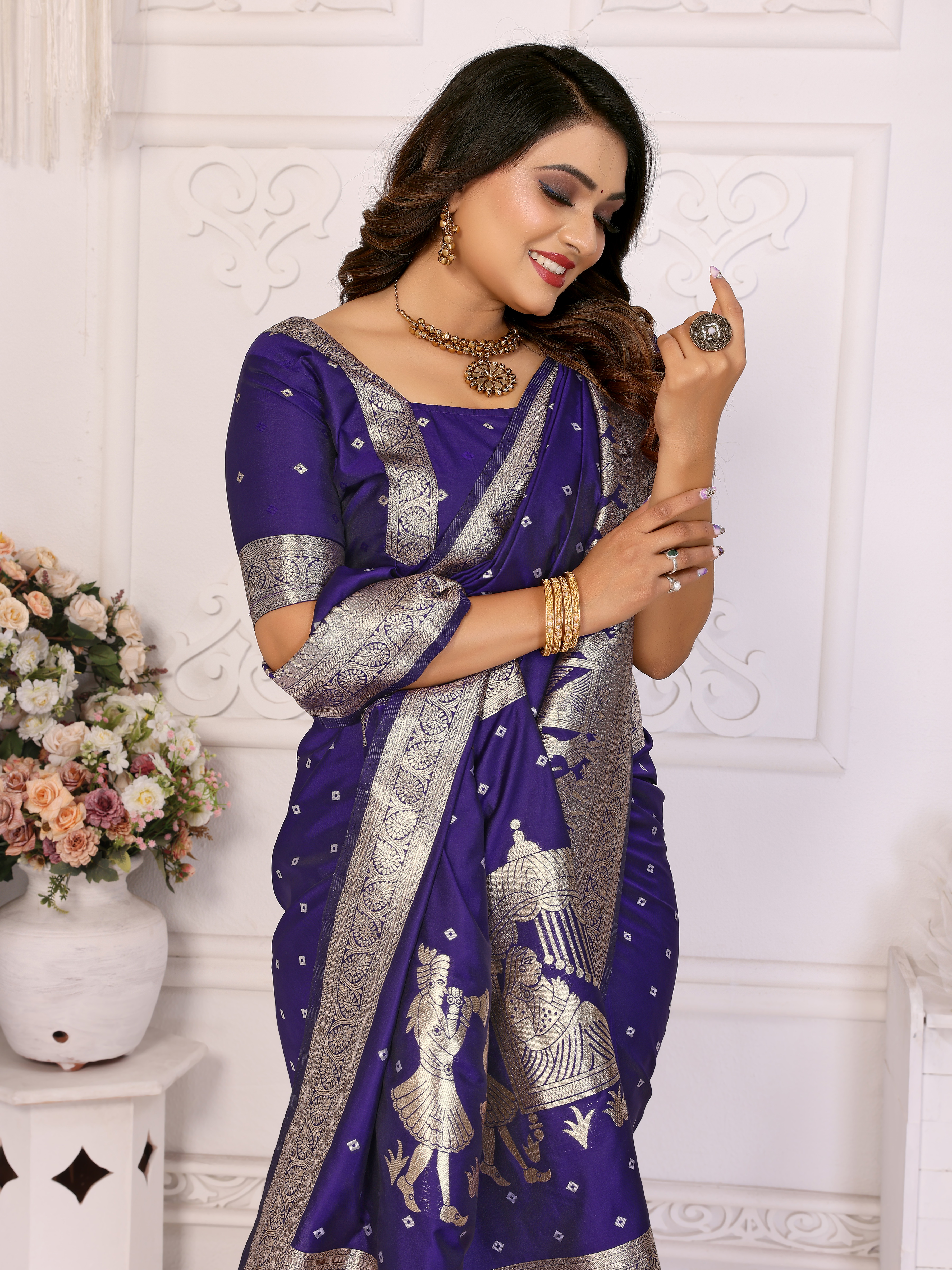 Regal Violet Kochi Silk Saree with Intricate Barat Woven Work 