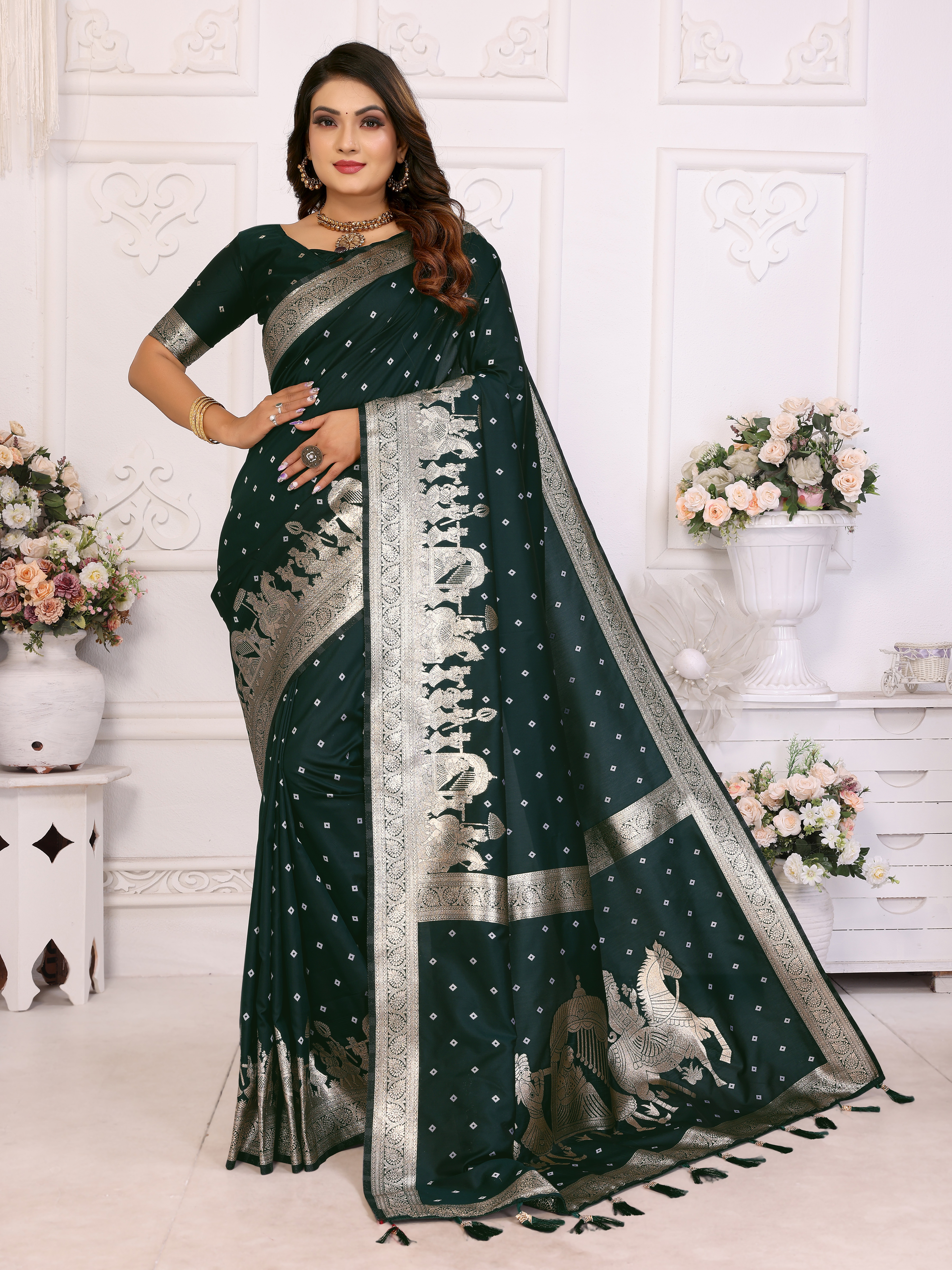 Drape yourself in sophistication with this gorgeous green Kochi silk saree