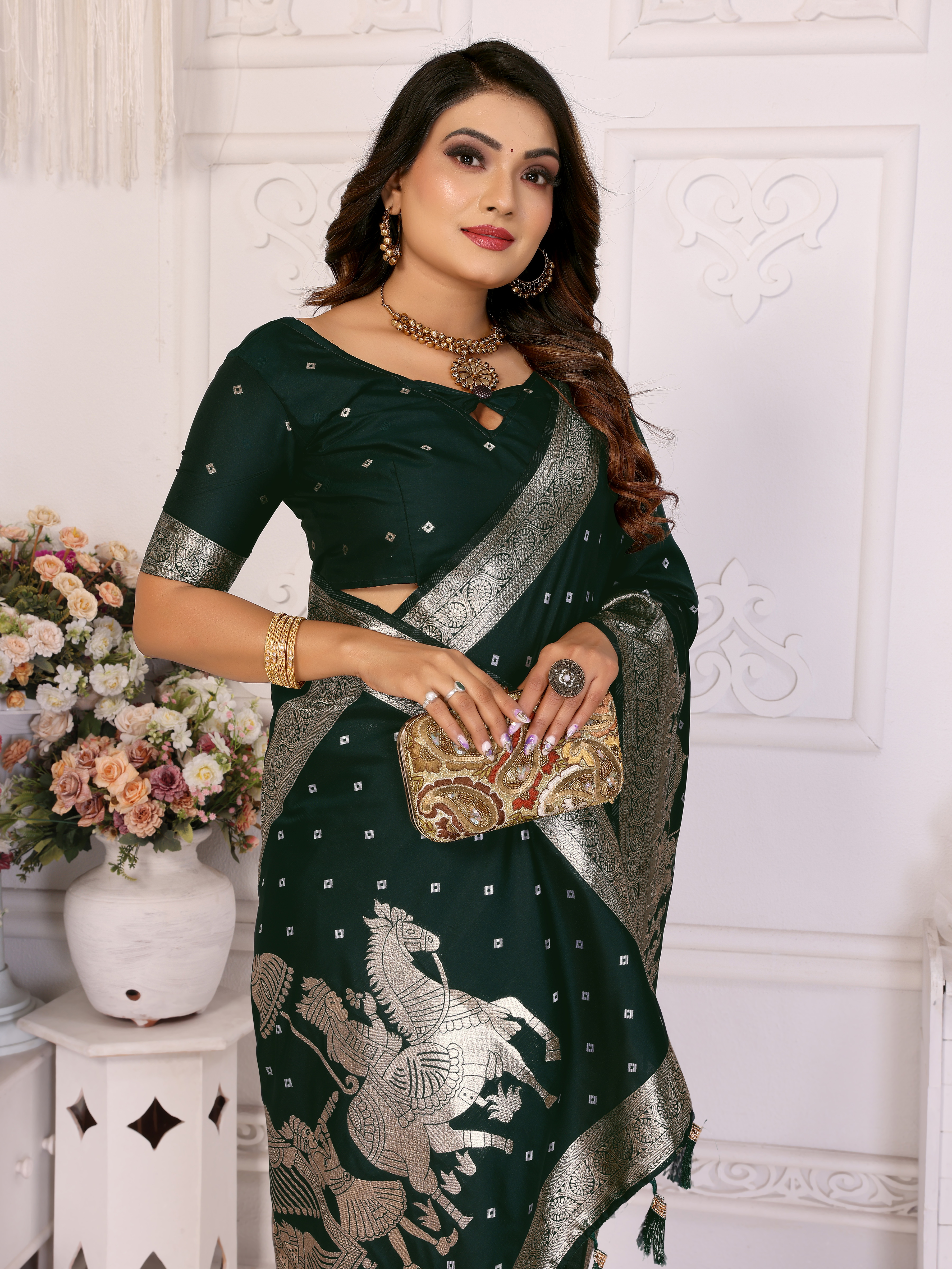 Drape yourself in sophistication with this gorgeous green Kochi silk saree