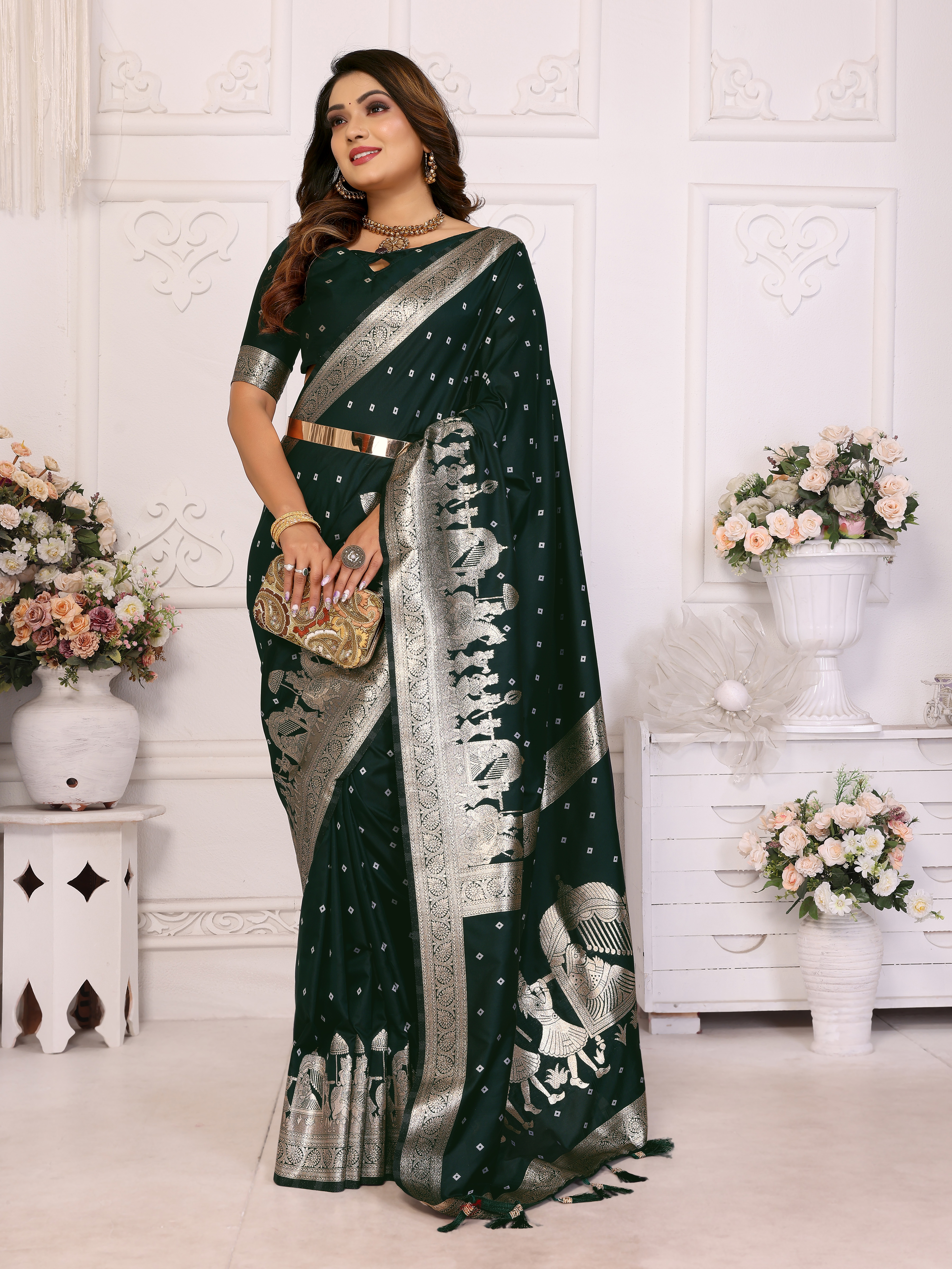 Drape yourself in sophistication with this gorgeous green Kochi silk saree