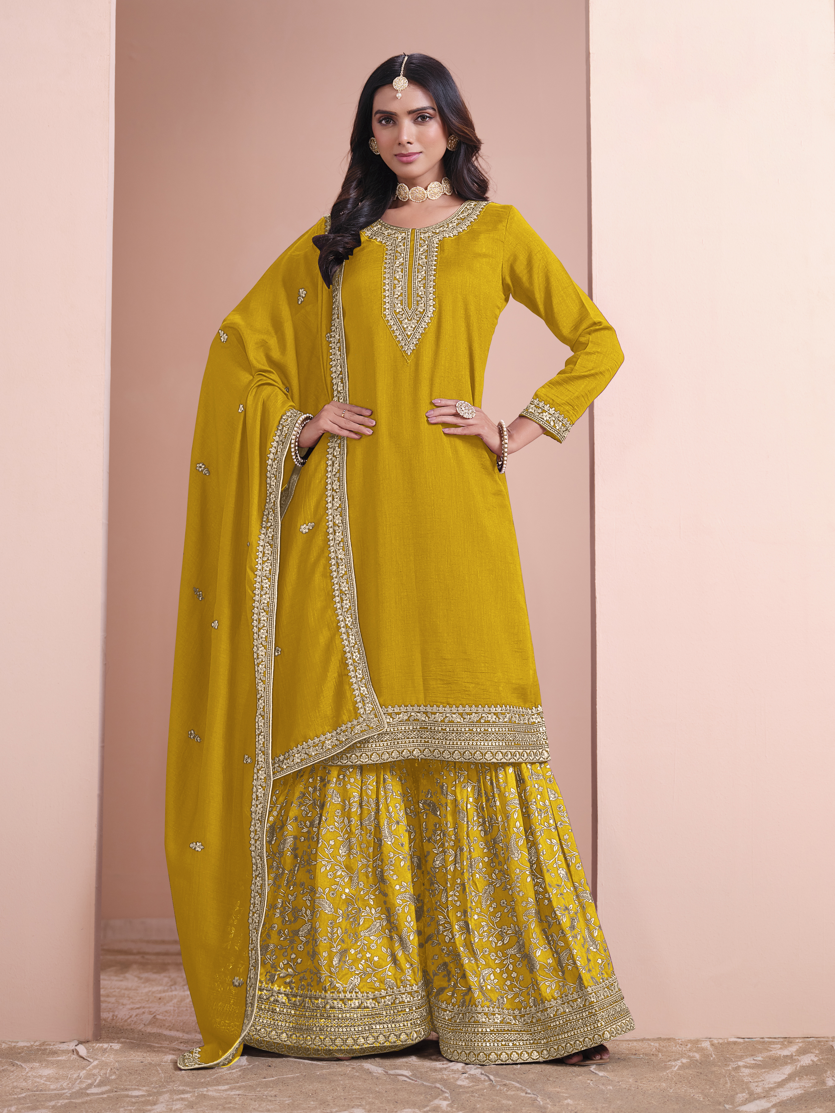 Step into festive elegance with this stunning yellow palazzo suit