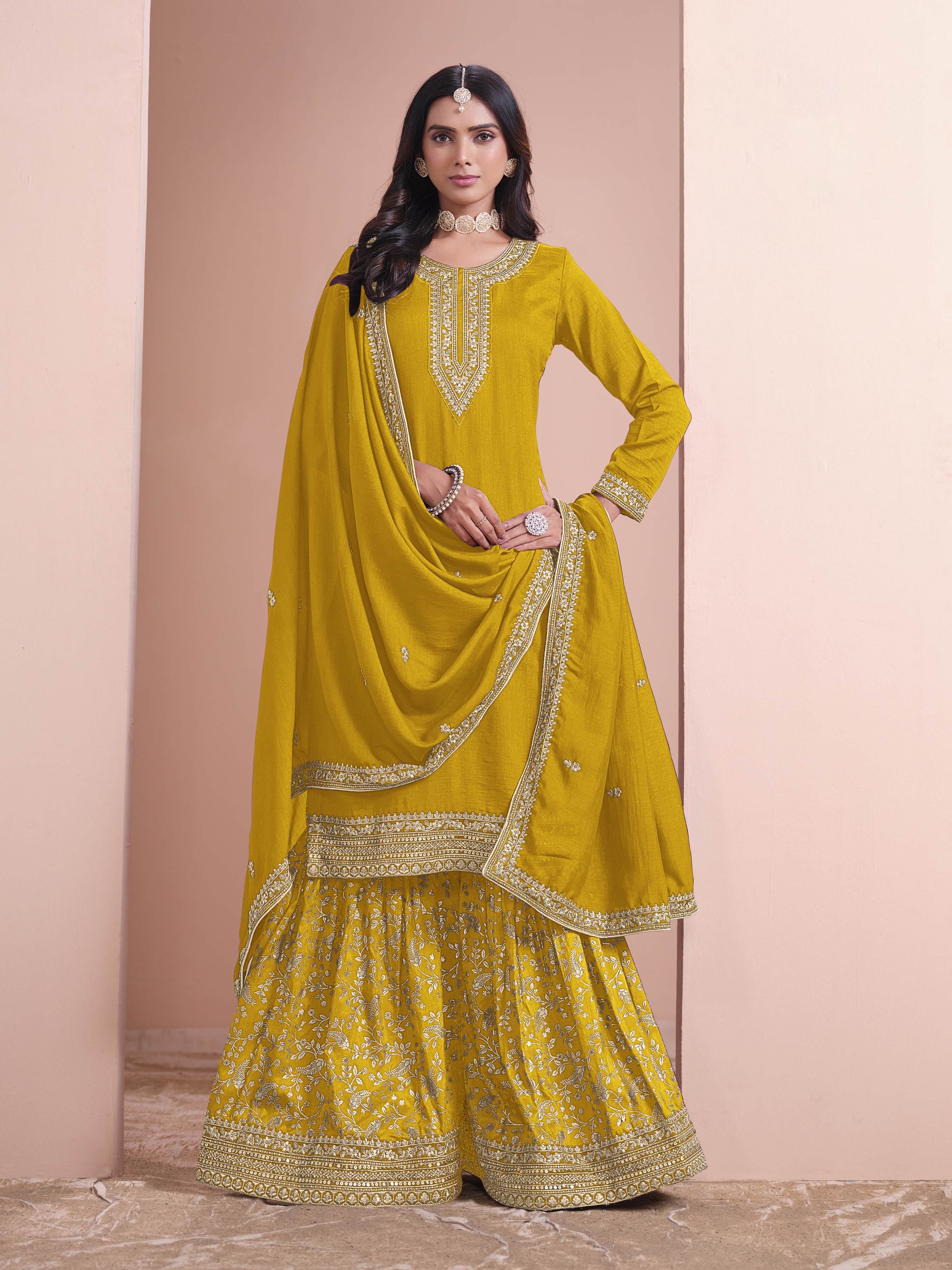 Step into festive elegance with this stunning yellow palazzo suit