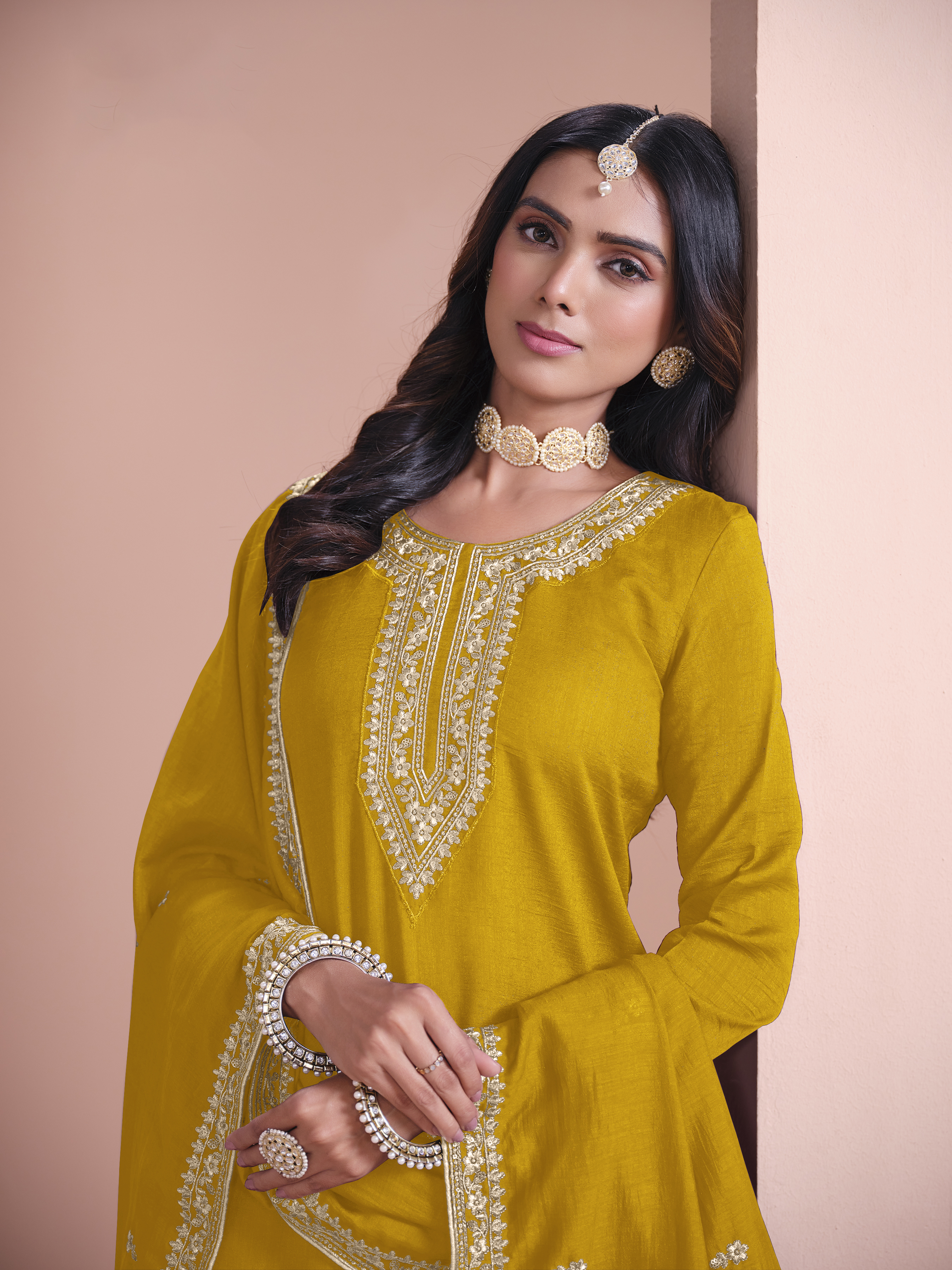 Step into festive elegance with this stunning yellow palazzo suit