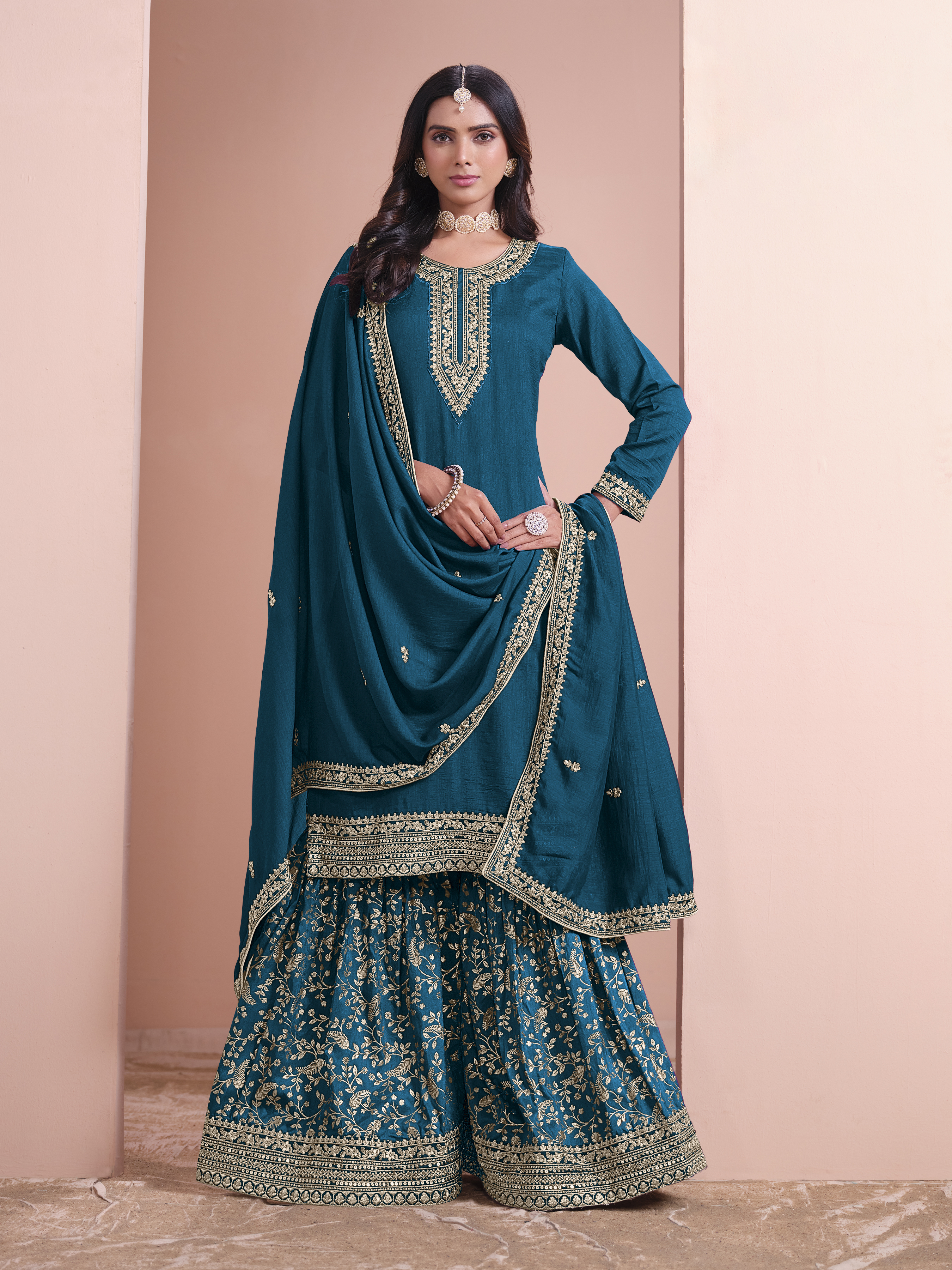 Celebrate Eid in style with this exquisite teal blue palazzo suit