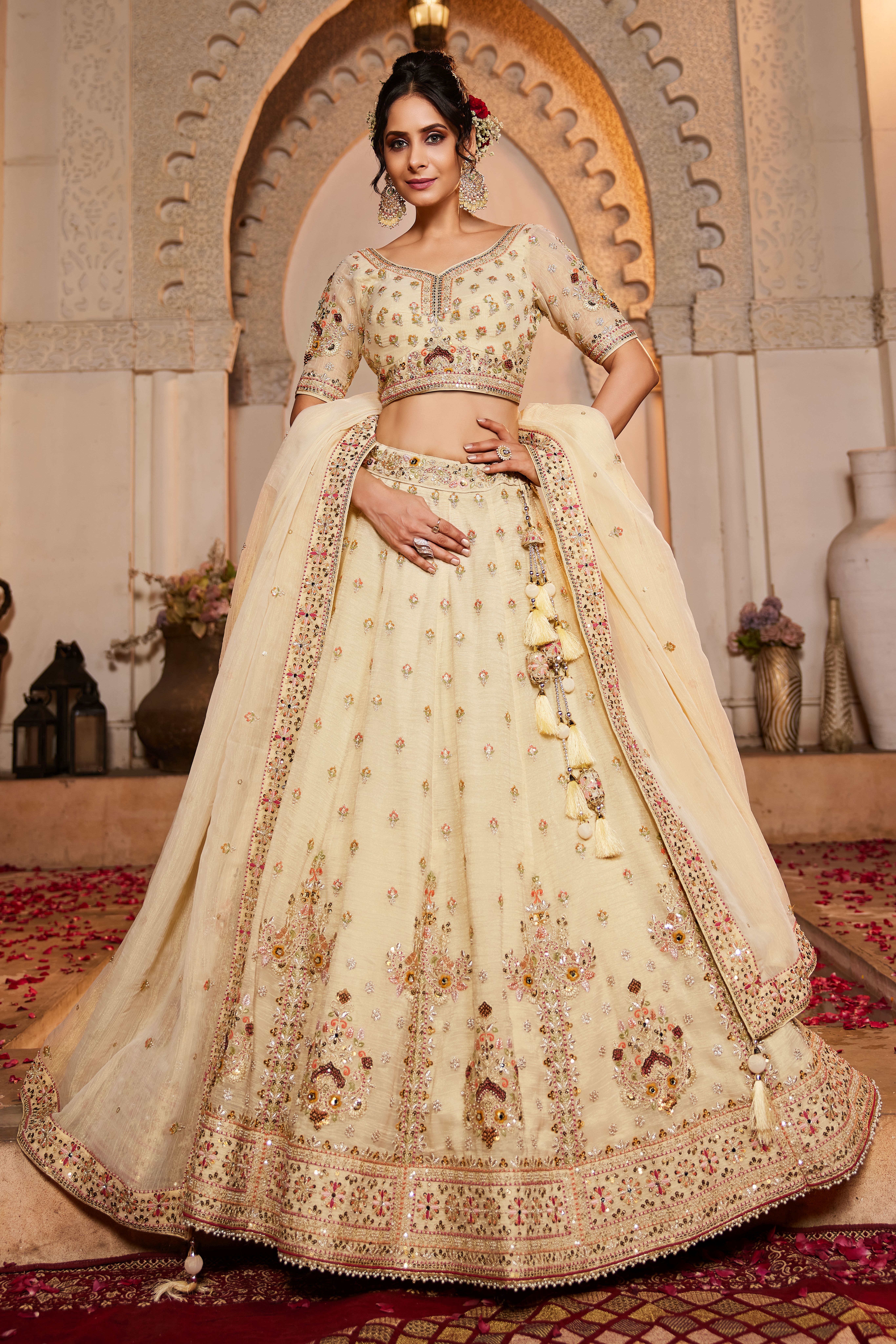 Elevate your wedding look with this exquisite Cream Designer Tissue Lehenga