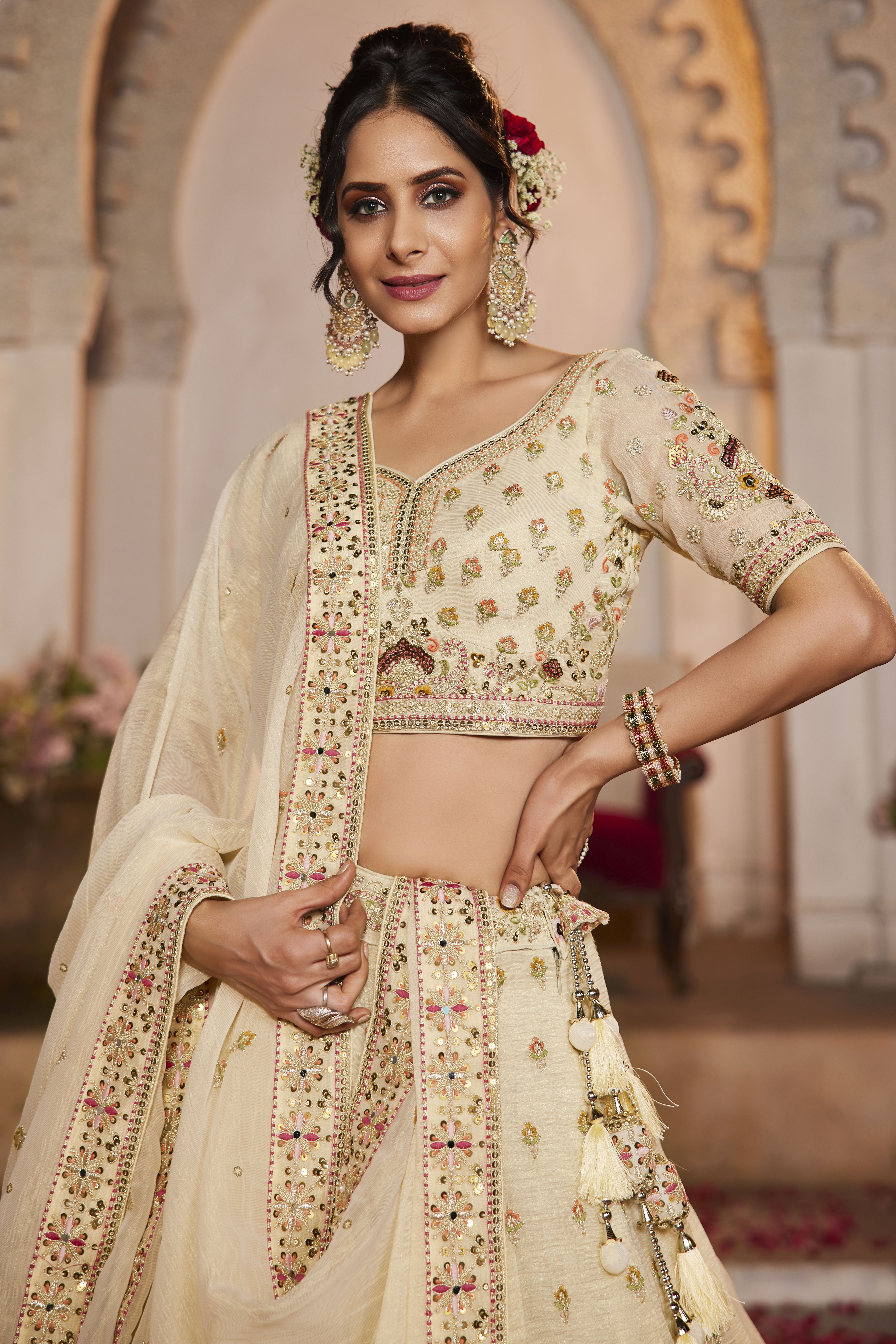 Elevate your wedding look with this exquisite Cream Designer Tissue Lehenga