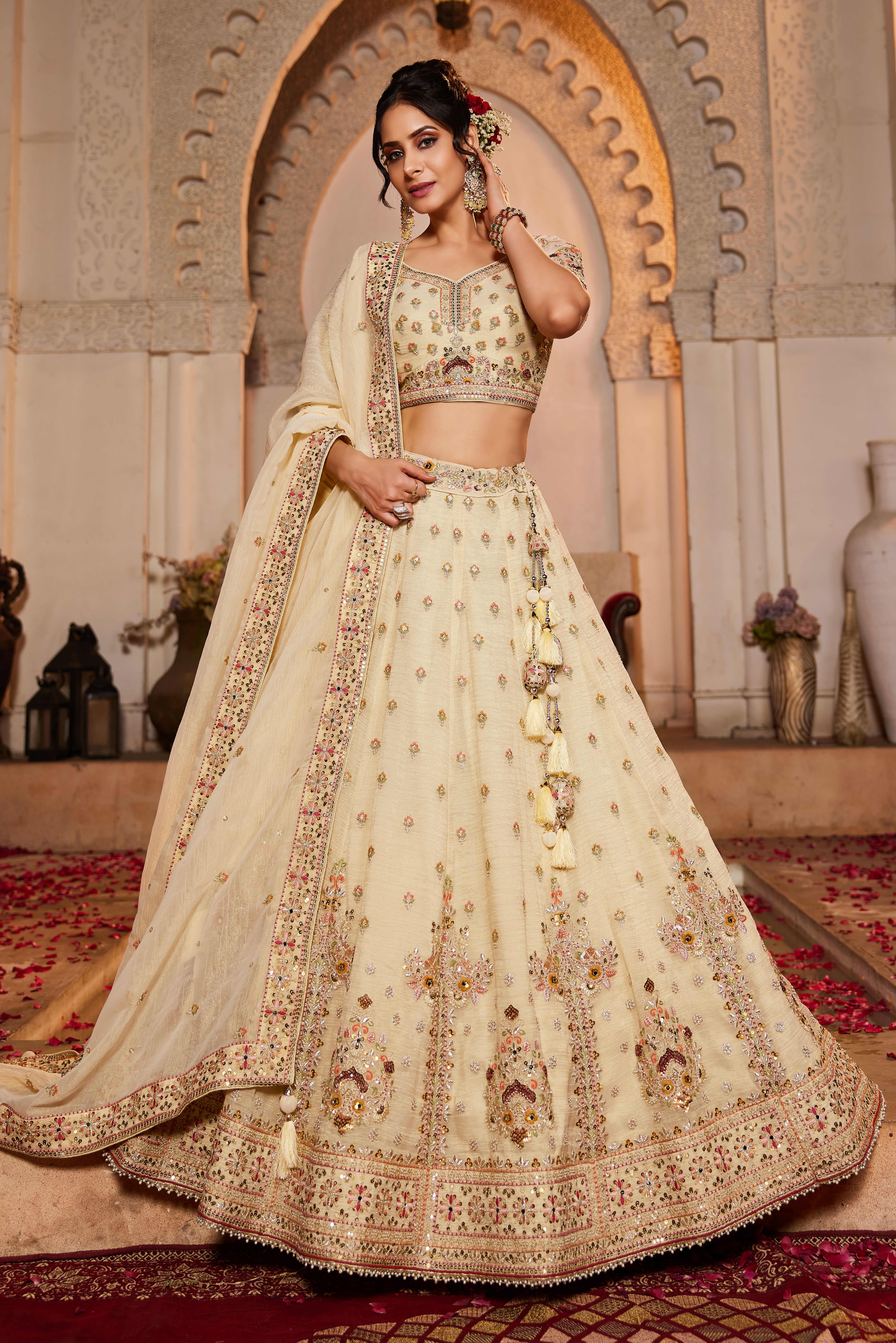 Elevate your wedding look with this exquisite Cream Designer Tissue Lehenga