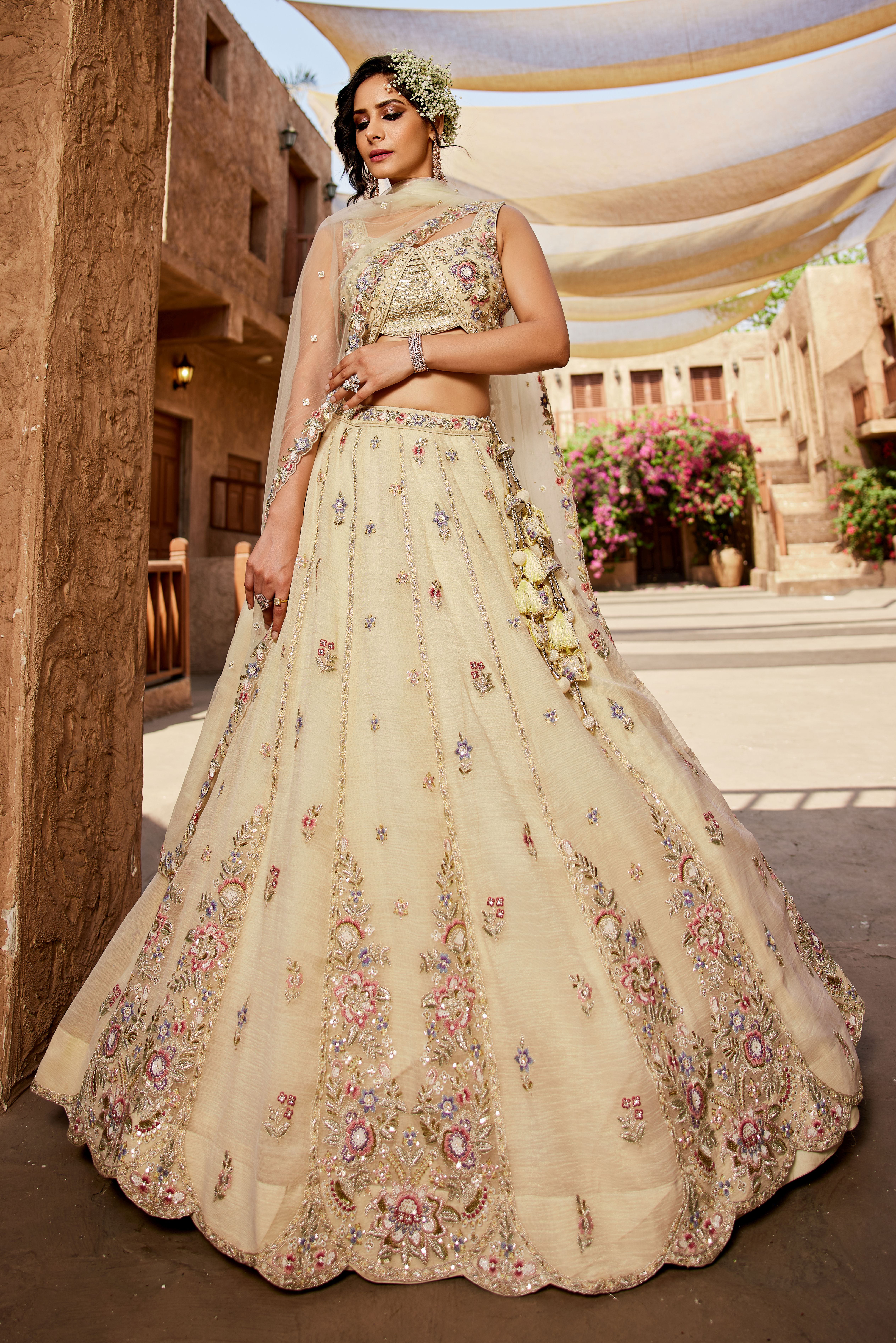 Elevate your wedding look with this stunning Cream Beige Designer Lehenga