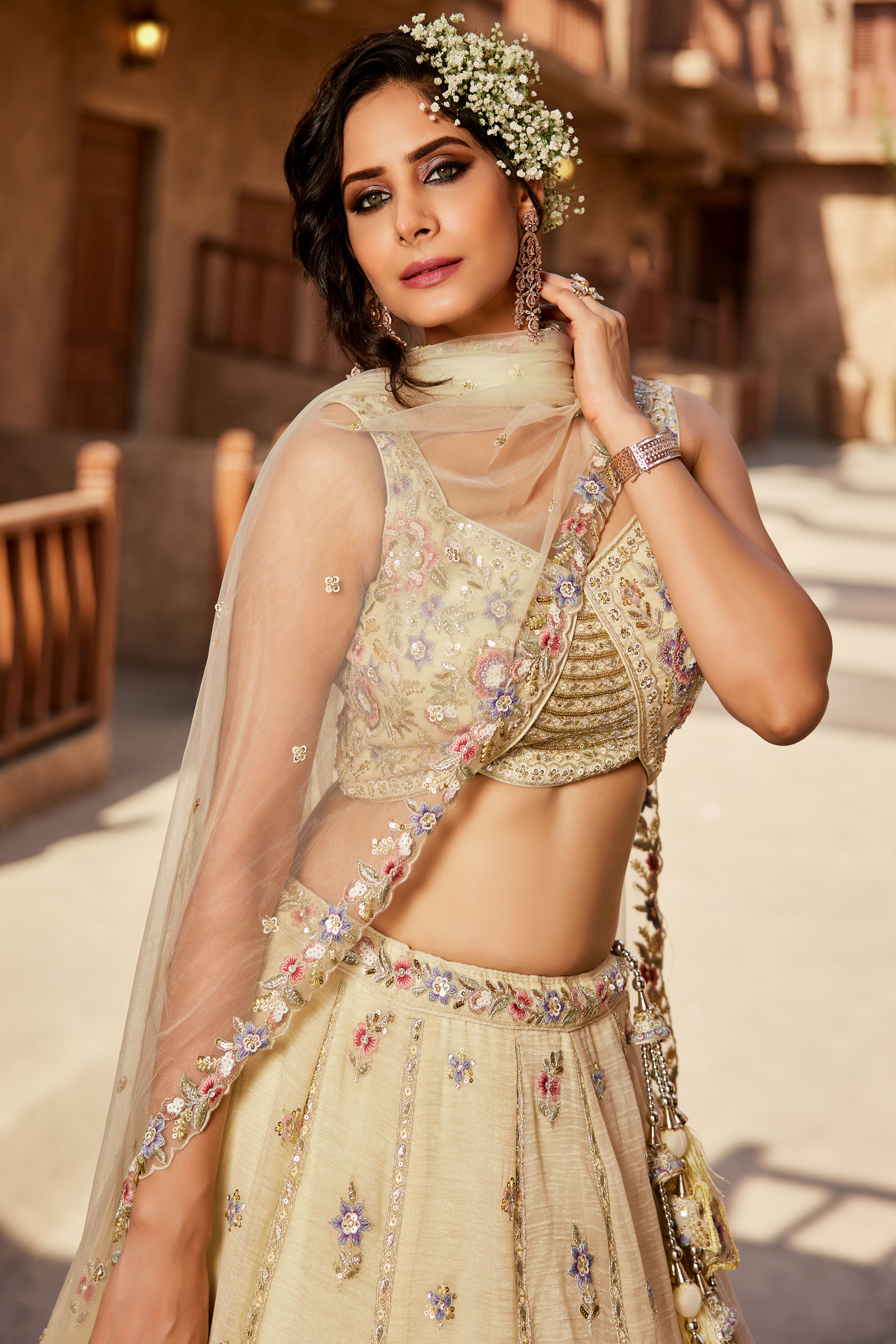 Elevate your wedding look with this stunning Cream Beige Designer Lehenga