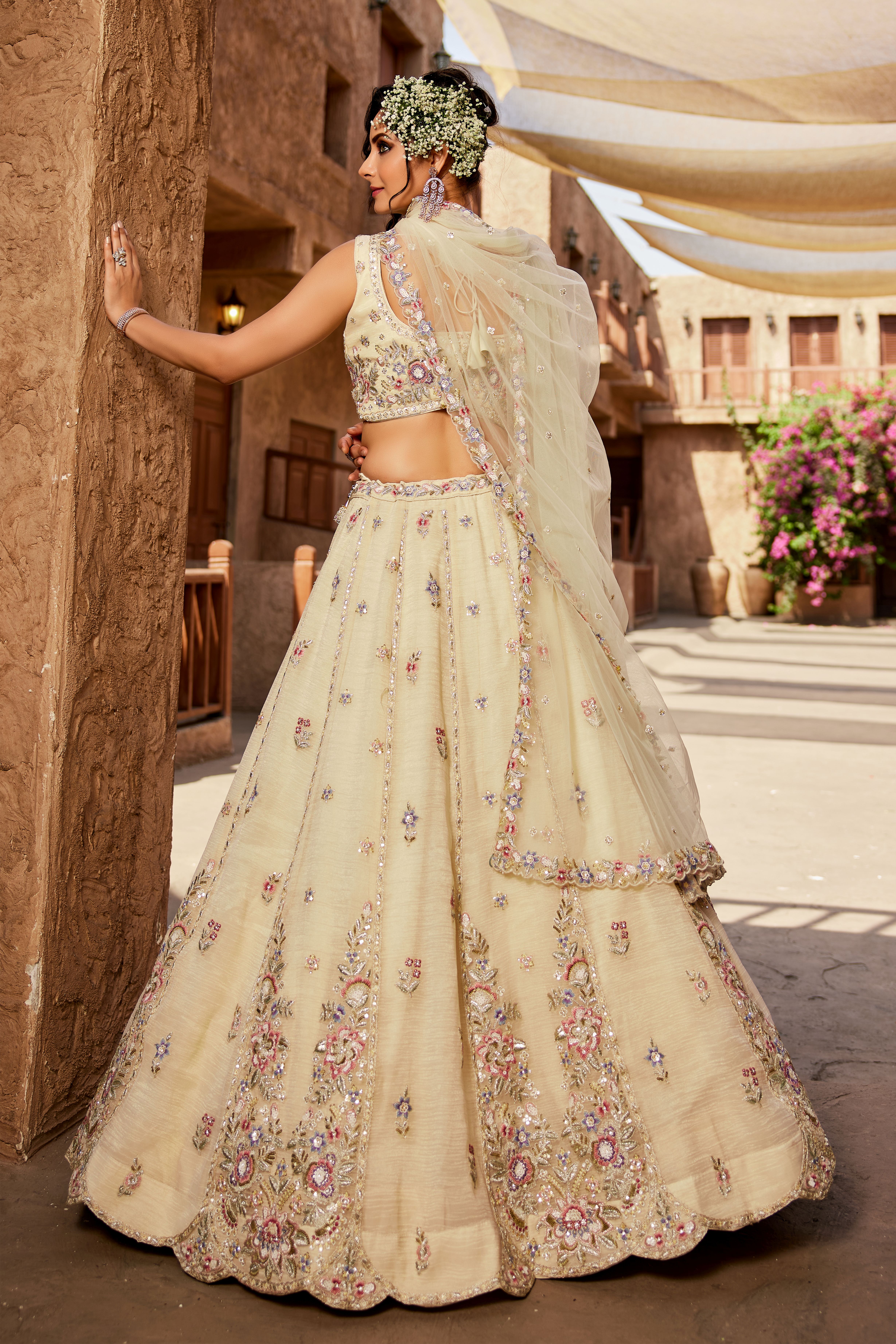 Elevate your wedding look with this stunning Cream Beige Designer Lehenga