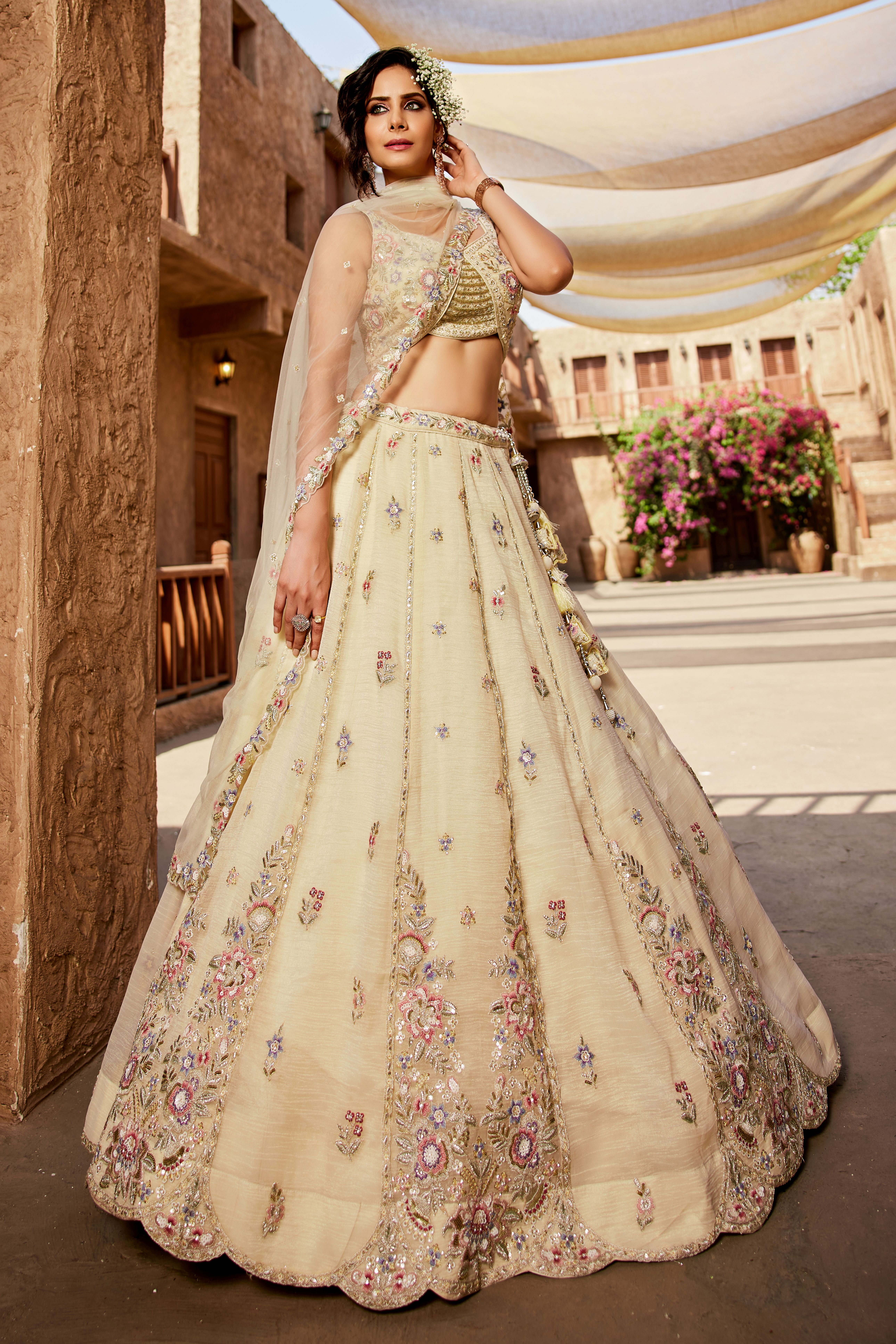 Elevate your wedding look with this stunning Cream Beige Designer Lehenga