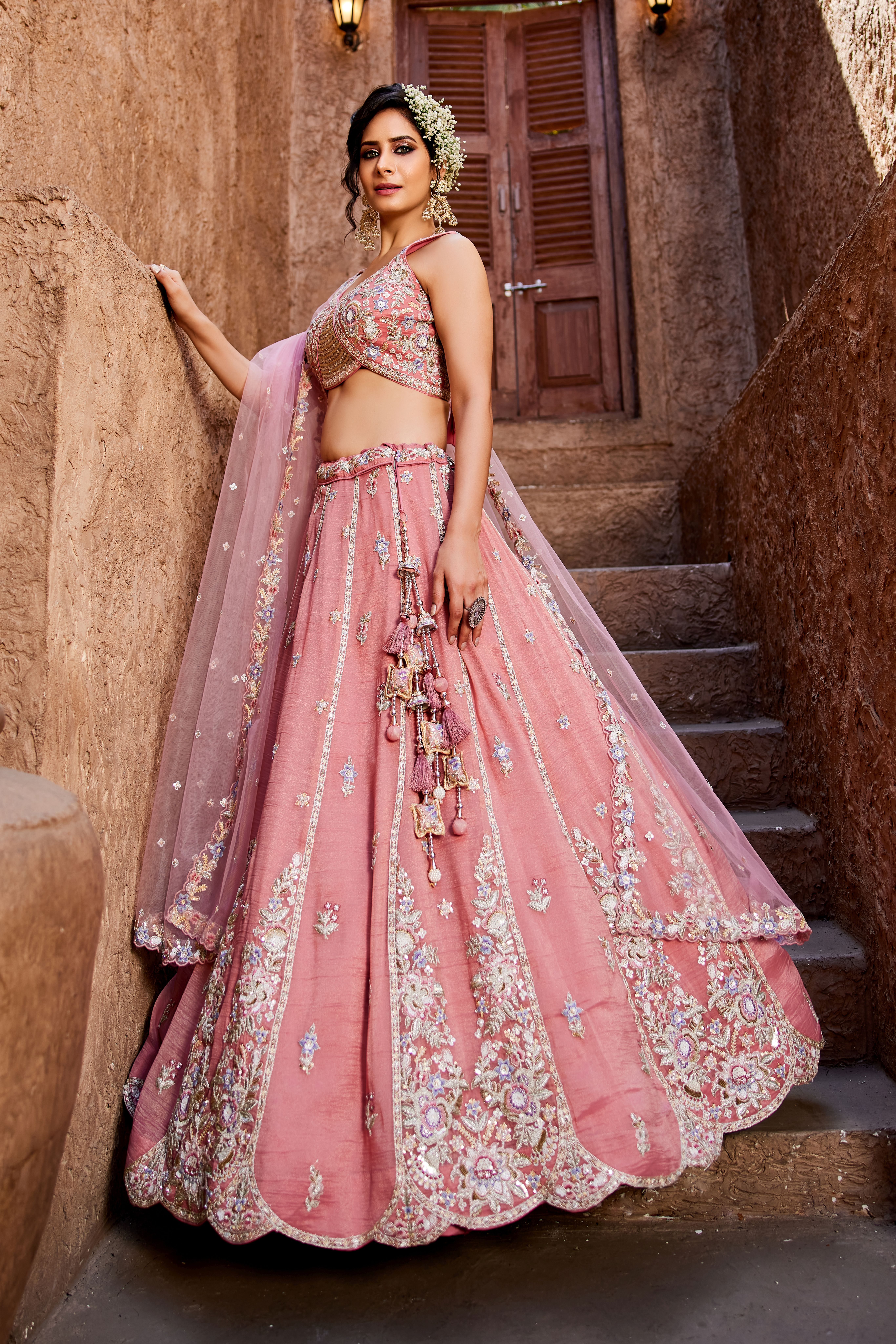 Make a graceful statement with this exquisite Pink Designer Lehenga