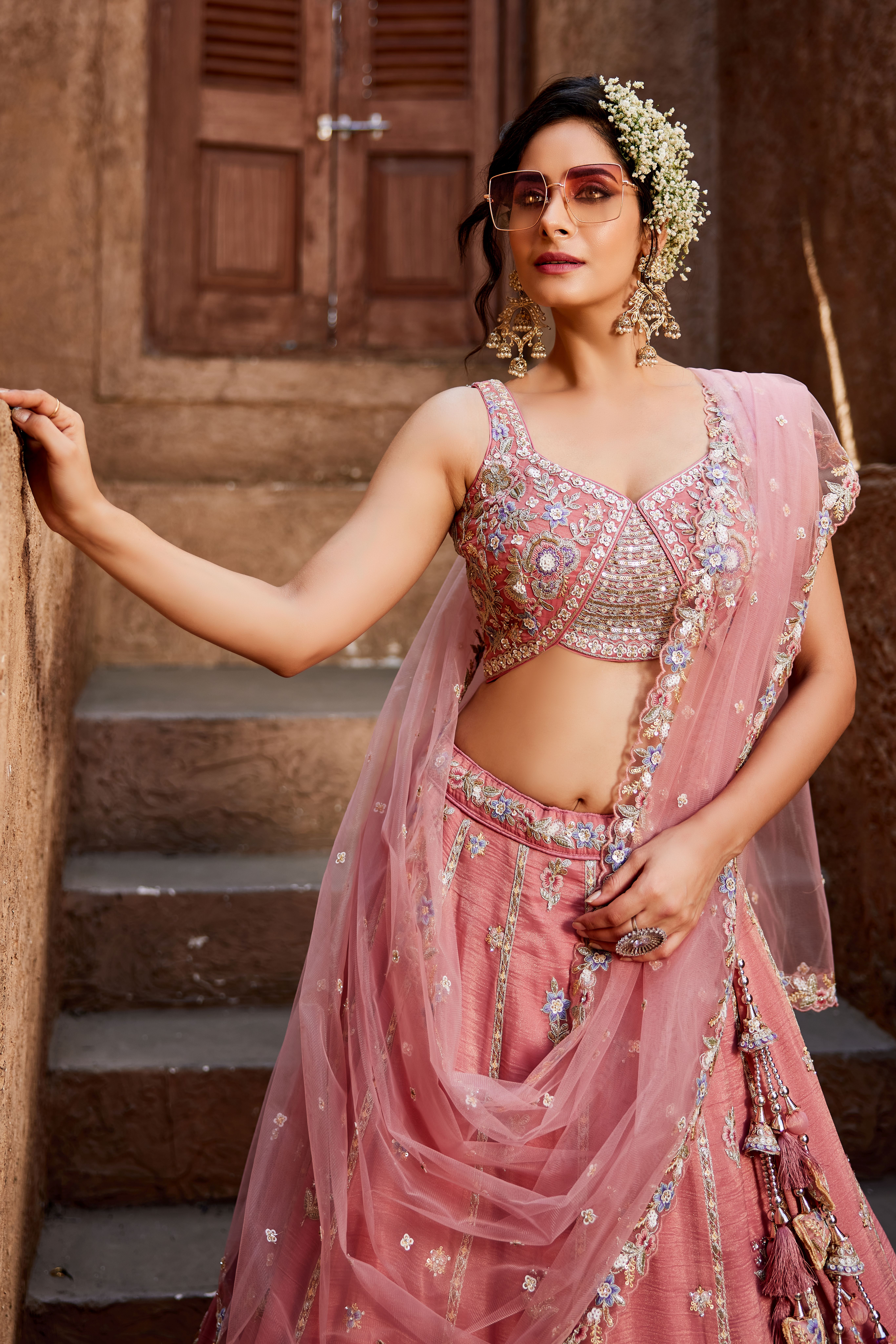 Make a graceful statement with this exquisite Pink Designer Lehenga