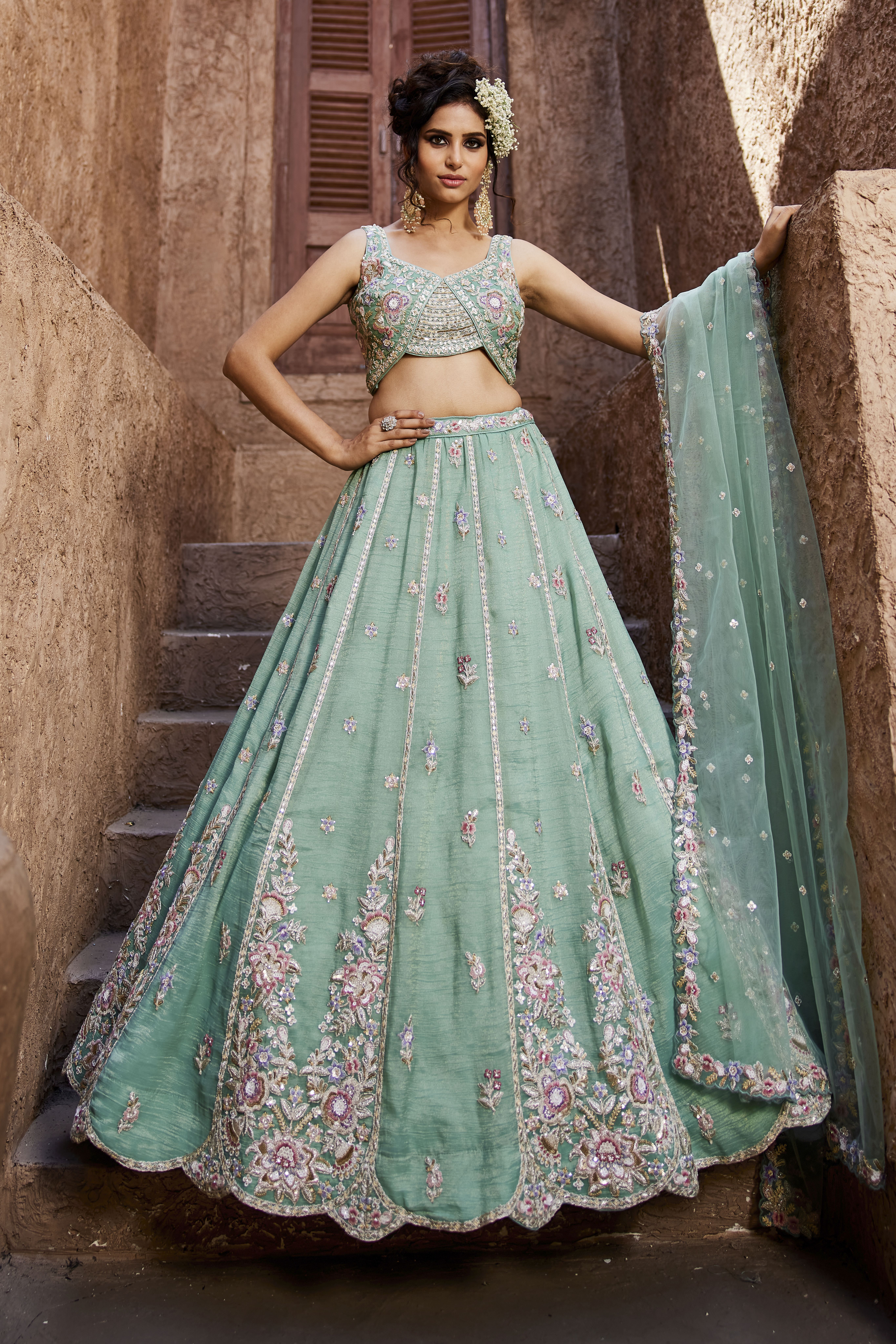 Step into sophistication with this stunning Sea Green Designer Lehenga