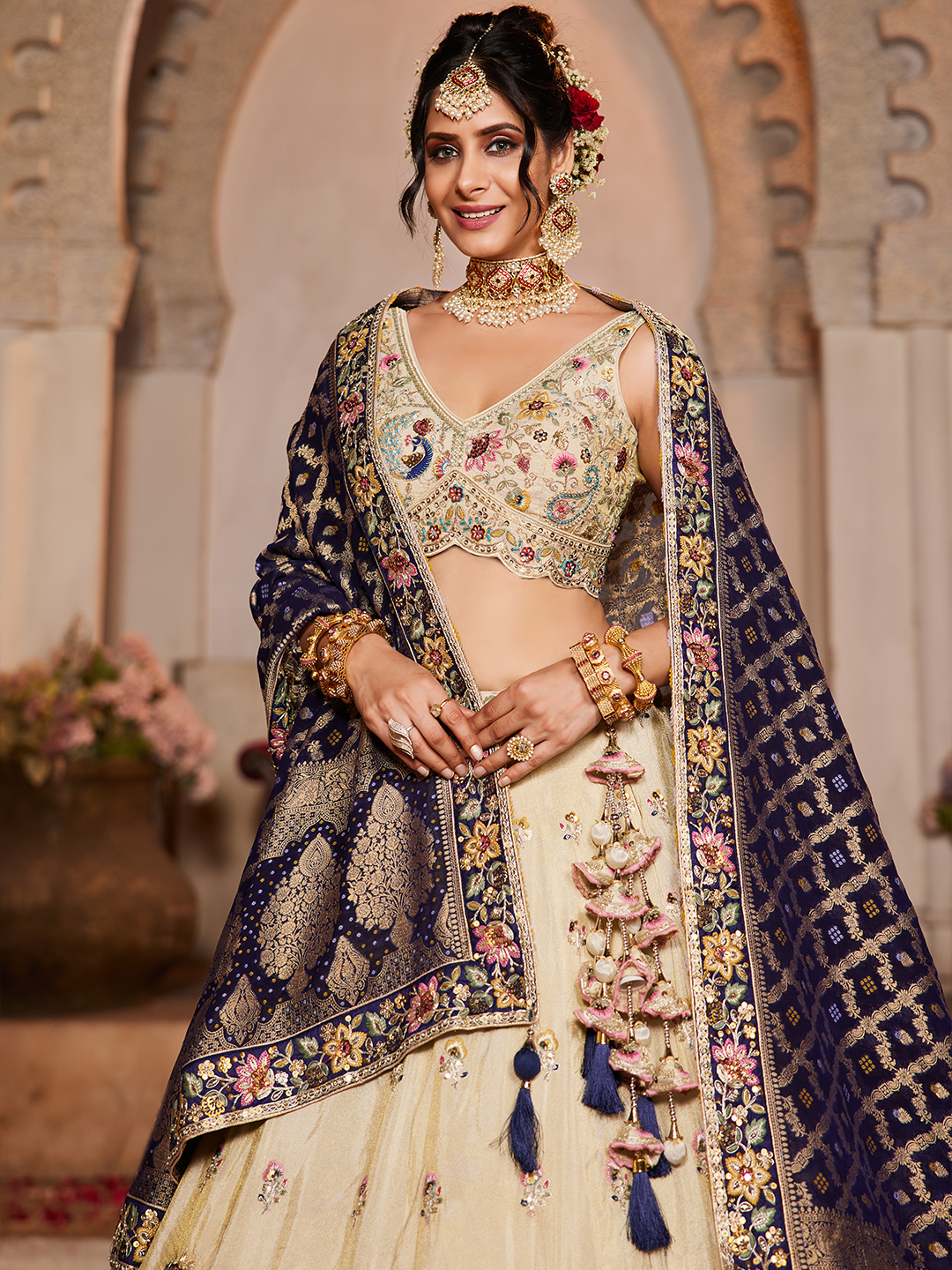 Cream Designer Embroidered Tissue Lehenga Choli with Navy Blue Viscose Rayon Dupatta