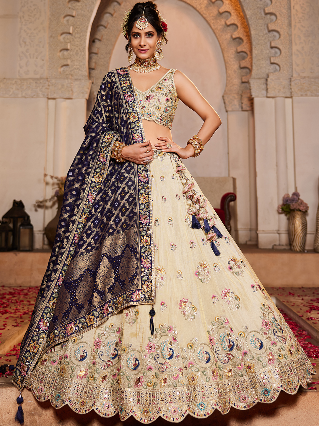 Cream Designer Embroidered Tissue Lehenga Choli with Navy Blue Viscose Rayon Dupatta