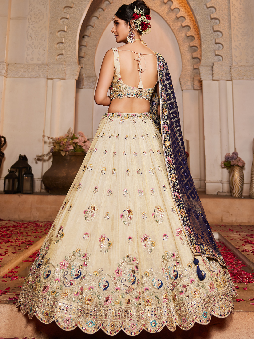 Cream Designer Embroidered Tissue Lehenga Choli with Navy Blue Viscose Rayon Dupatta