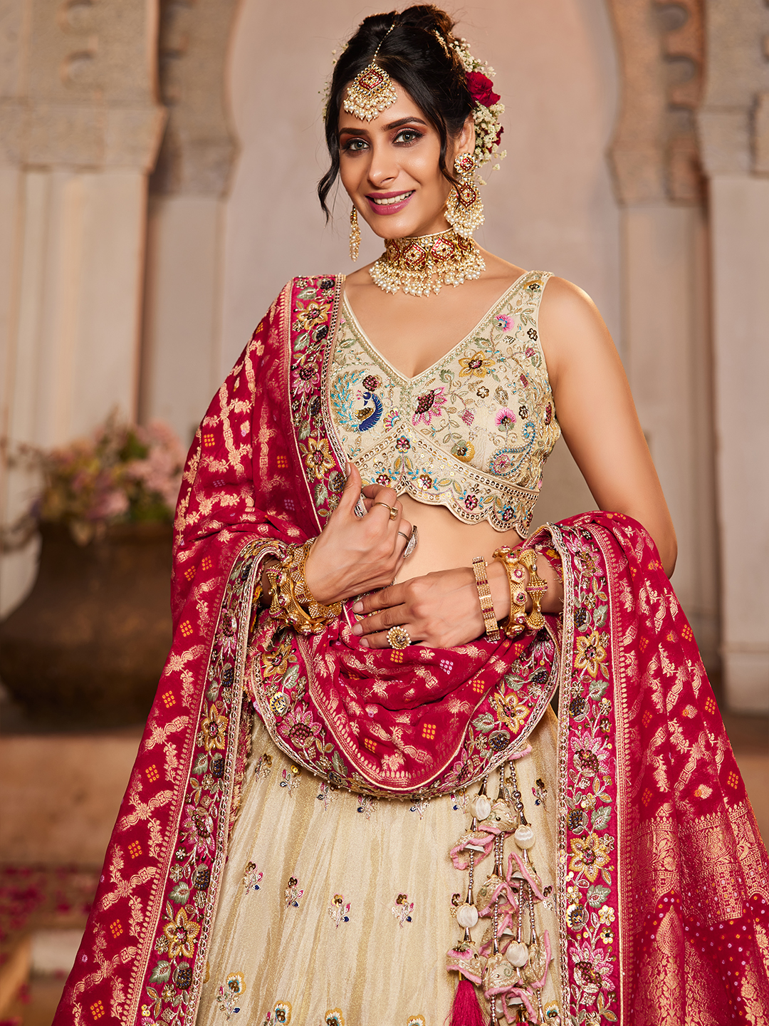 Elevate your ethnic style with this elegant cream lehenga choli