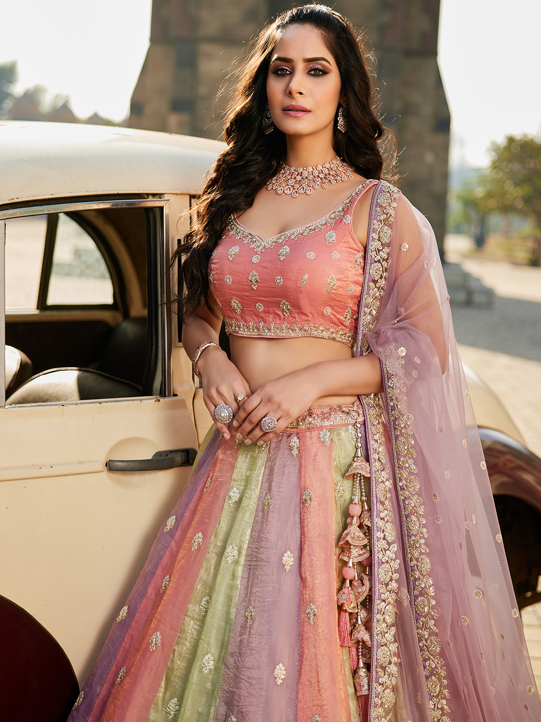 Stunning Multi-Color Pink Lehenga with Elegant Lavender Dupatta