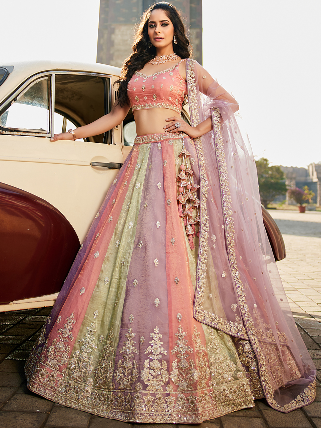 Stunning Multi-Color Pink Lehenga with Elegant Lavender Dupatta