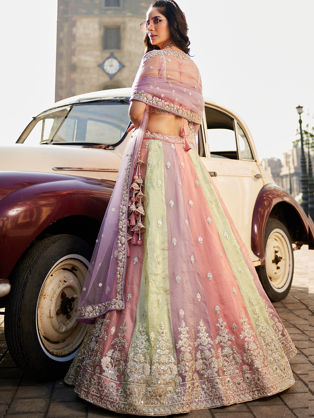 Stunning Multi-Color Pink Lehenga with Elegant Lavender Dupatta