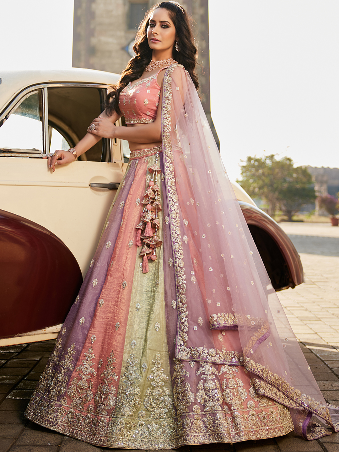 Stunning Multi-Color Pink Lehenga with Elegant Lavender Dupatta