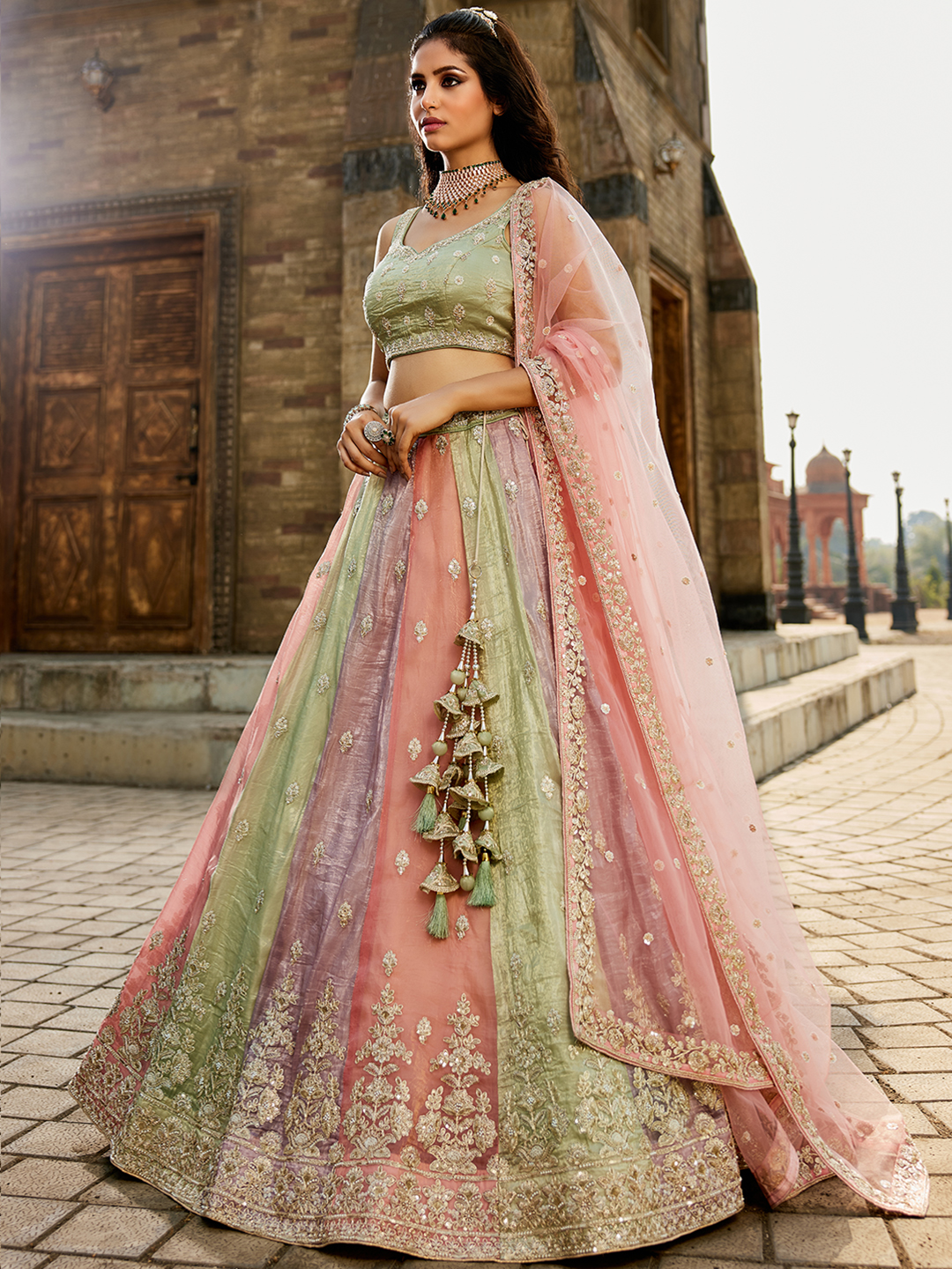 Graceful Pistachio multicoloured Lehenga with Blouse & Pink Dupatta