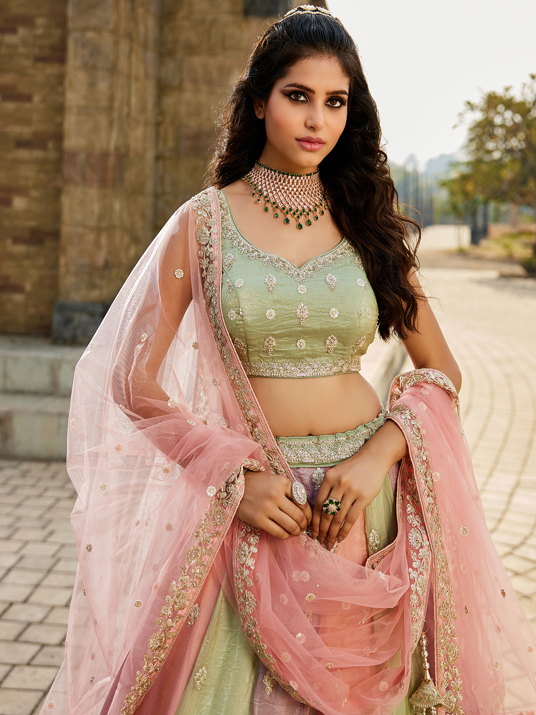 Graceful Pistachio multicoloured Lehenga with Blouse & Pink Dupatta
