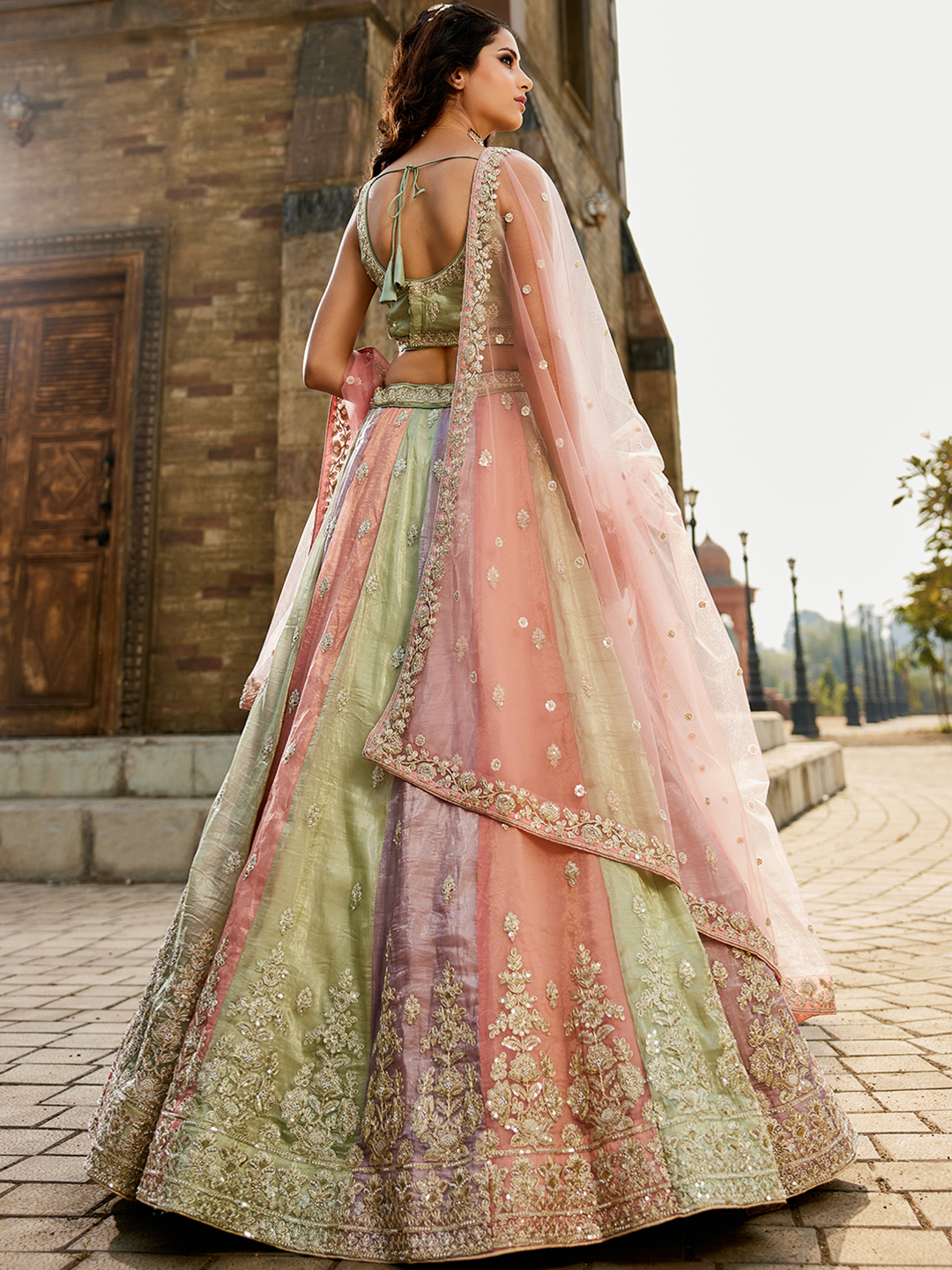 Graceful Pistachio multicoloured Lehenga with Blouse & Pink Dupatta
