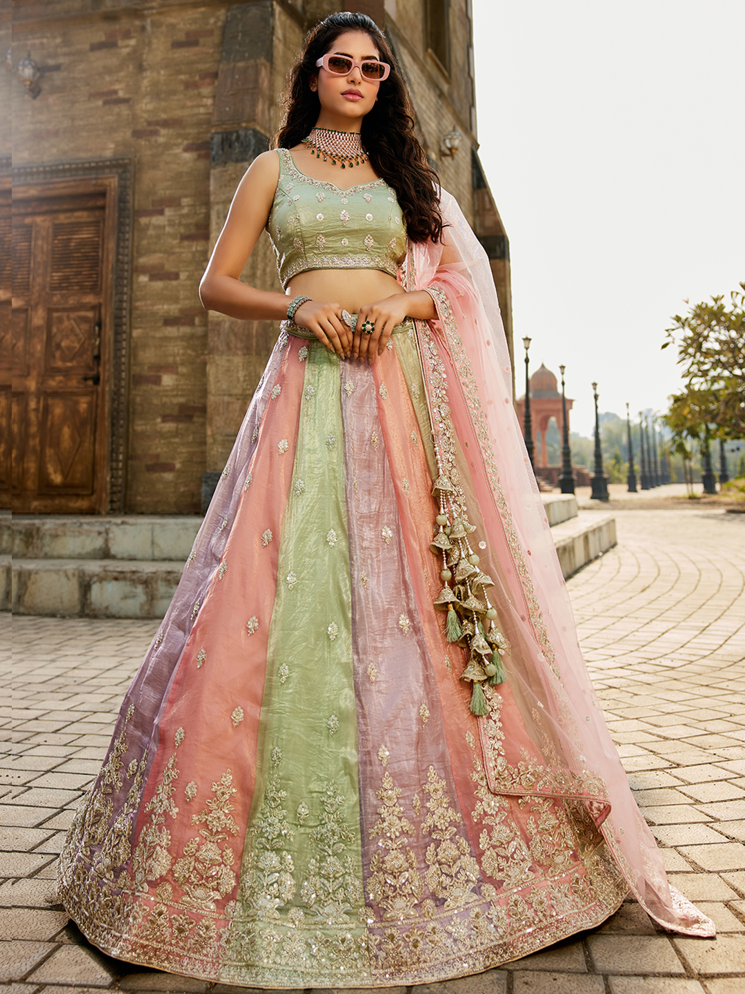 Graceful Pistachio multicoloured Lehenga with Blouse & Pink Dupatta