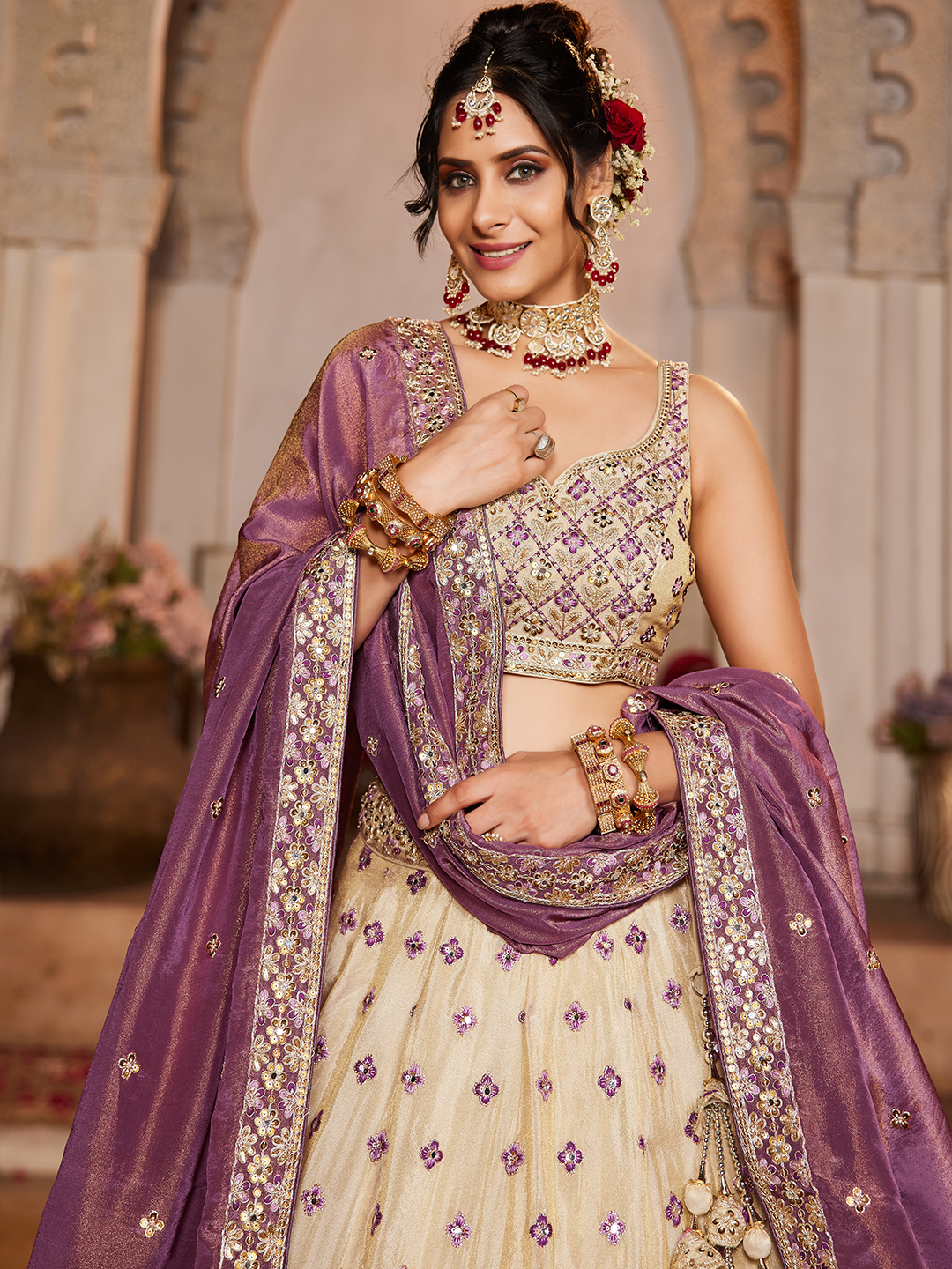 Royal Cream Wedding Lehenga with Elegant Purple Dupatta