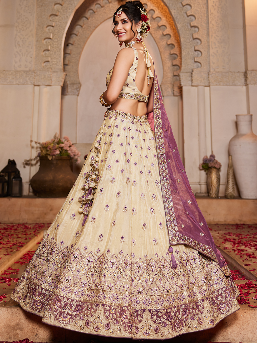 Royal Cream Wedding Lehenga with Elegant Purple Dupatta