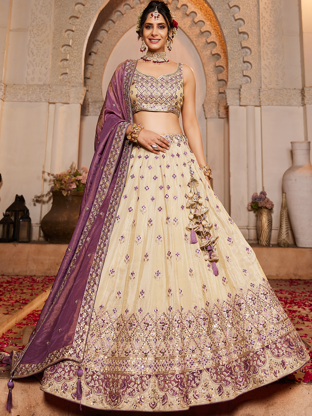 Royal Cream Wedding Lehenga with Elegant Purple Dupatta