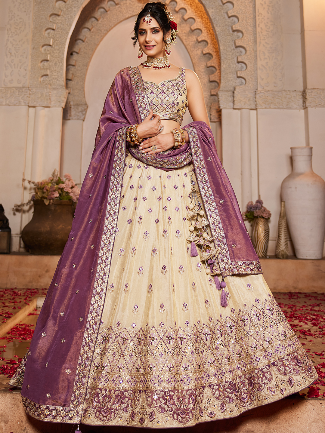 Royal Cream Wedding Lehenga with Elegant Purple Dupatta