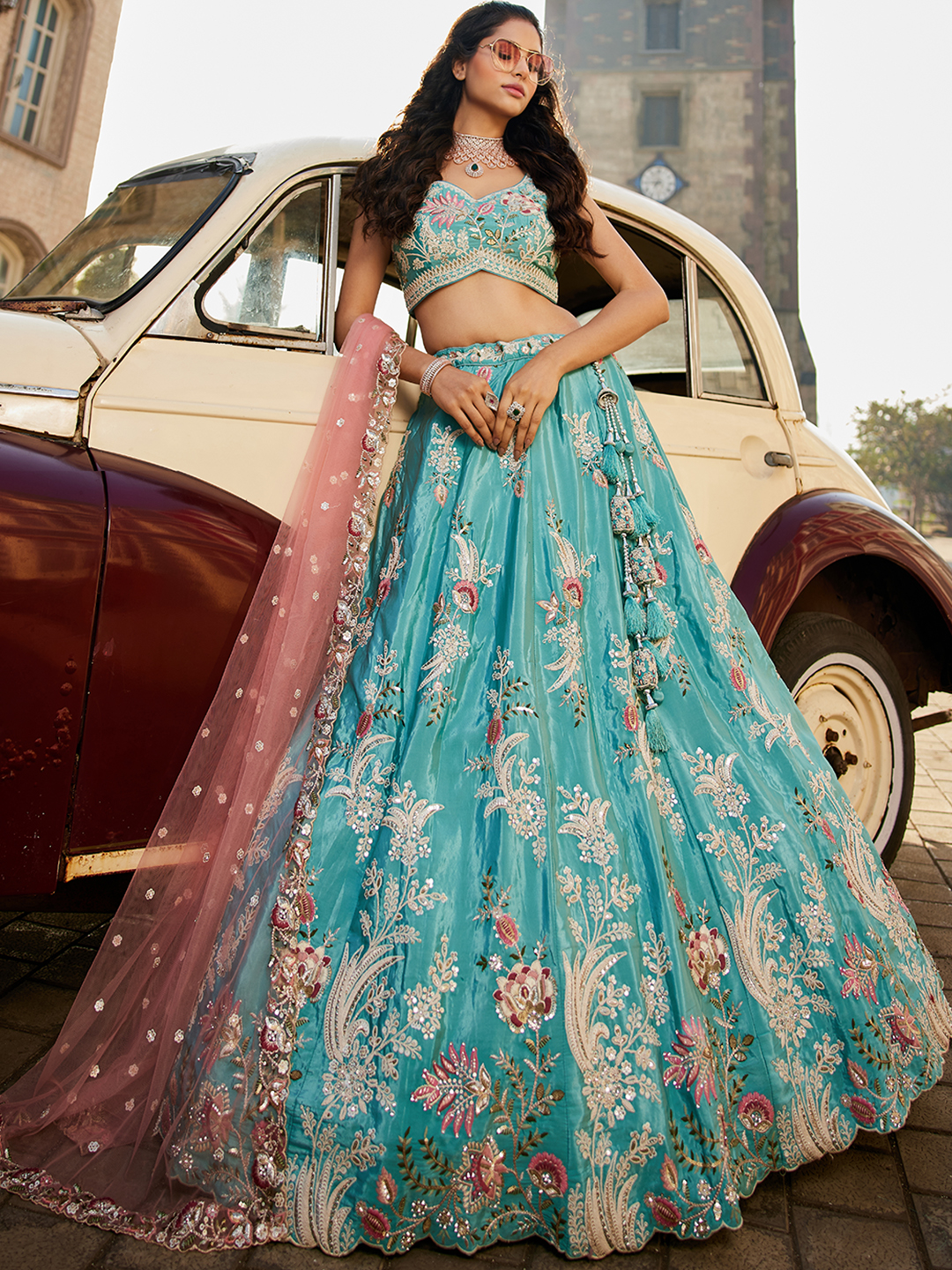 Mesmerizing Turquoise Wedding Lehenga with Elegant Peach Dupatta