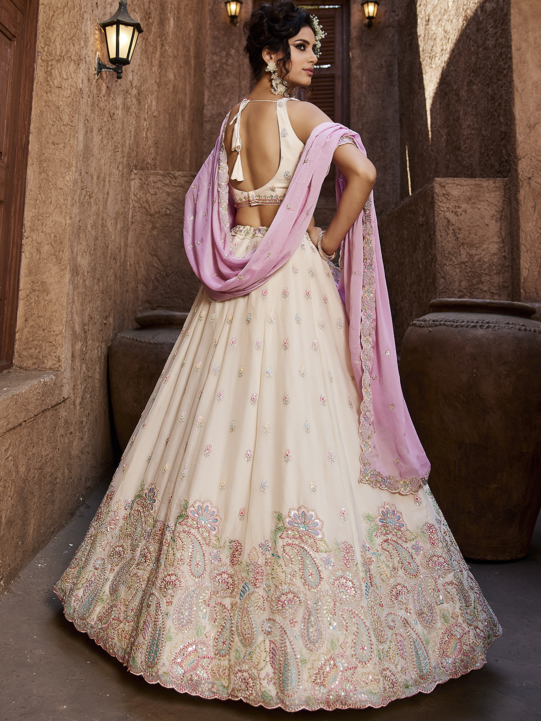 Elegant Cream Georgette Wedding Lehenga with Soft Pink Dupatta