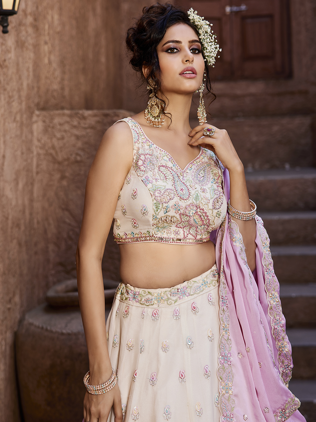 Elegant Cream Georgette Wedding Lehenga with Soft Pink Dupatta