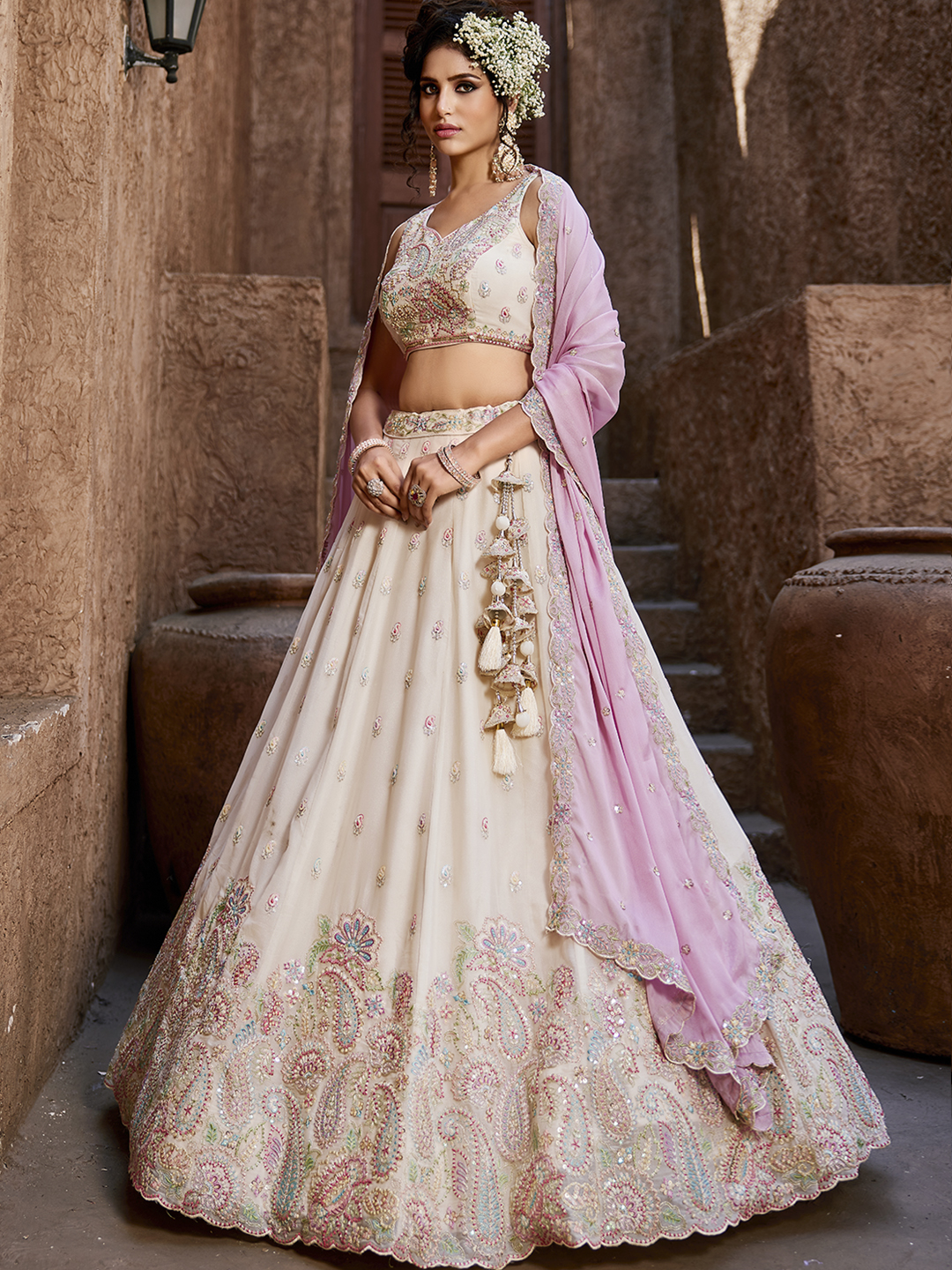 Elegant Cream Georgette Wedding Lehenga with Soft Pink Dupatta