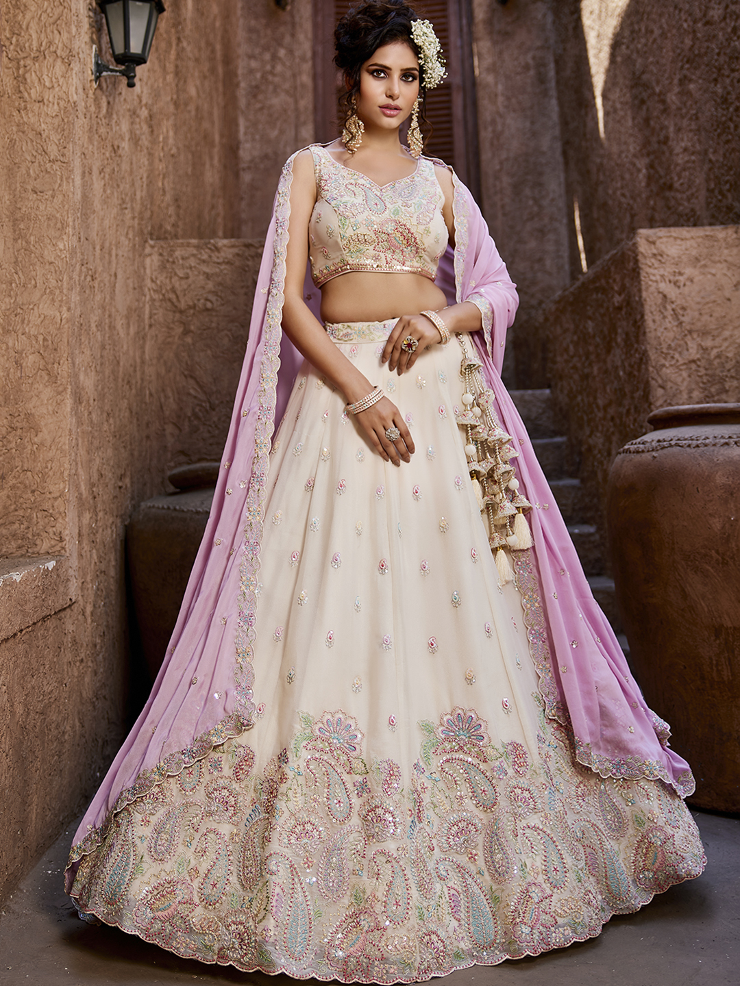 Elegant Cream Georgette Wedding Lehenga with Soft Pink Dupatta