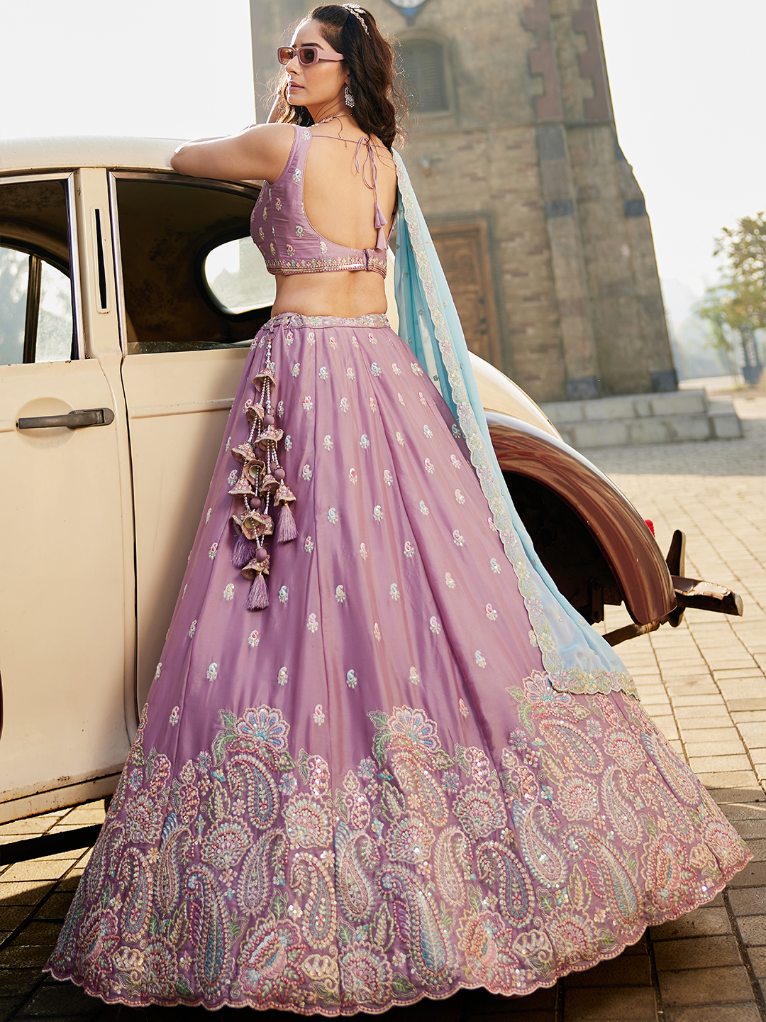 Step into a fairytale with this ethereal lavender georgette lehenga