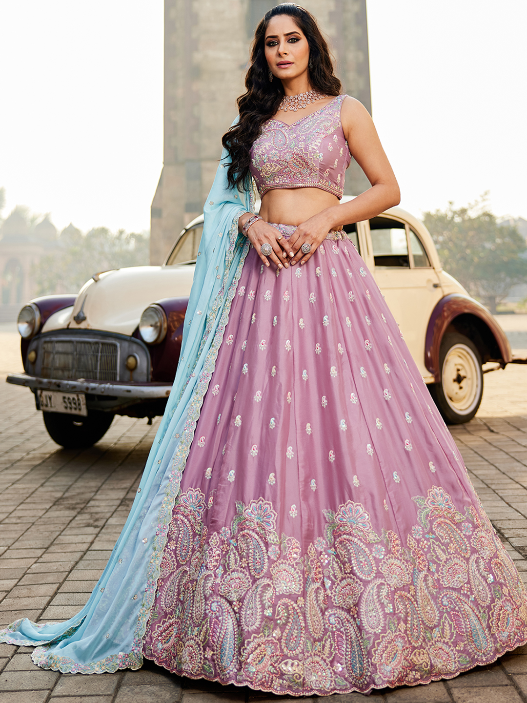 Step into a fairytale with this ethereal lavender georgette lehenga