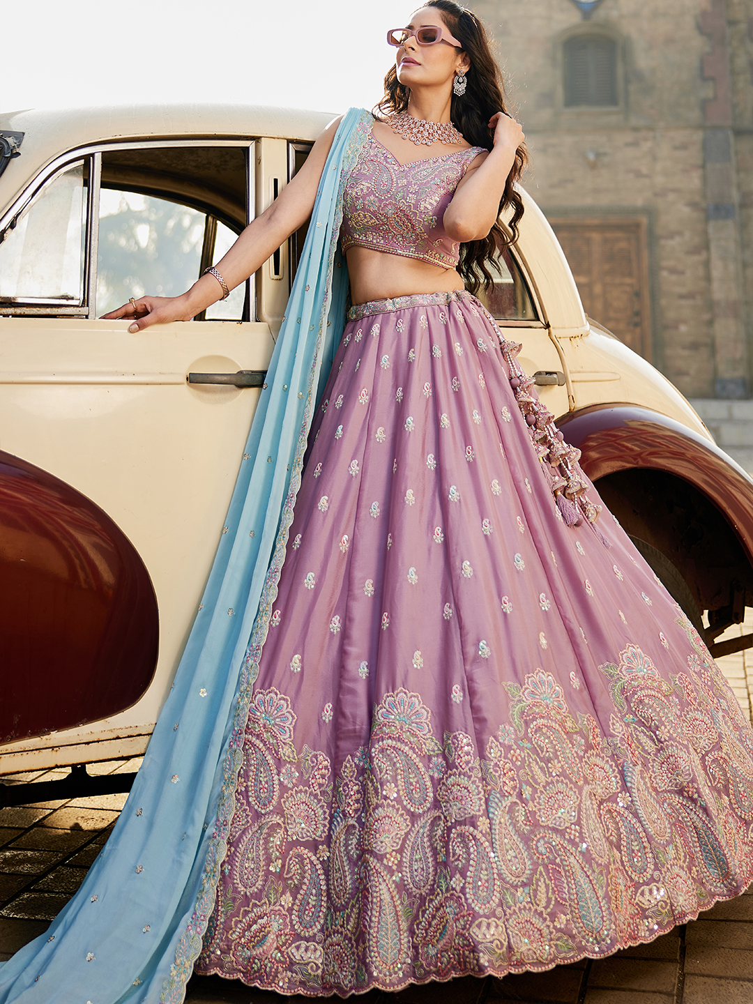 Step into a fairytale with this ethereal lavender georgette lehenga
